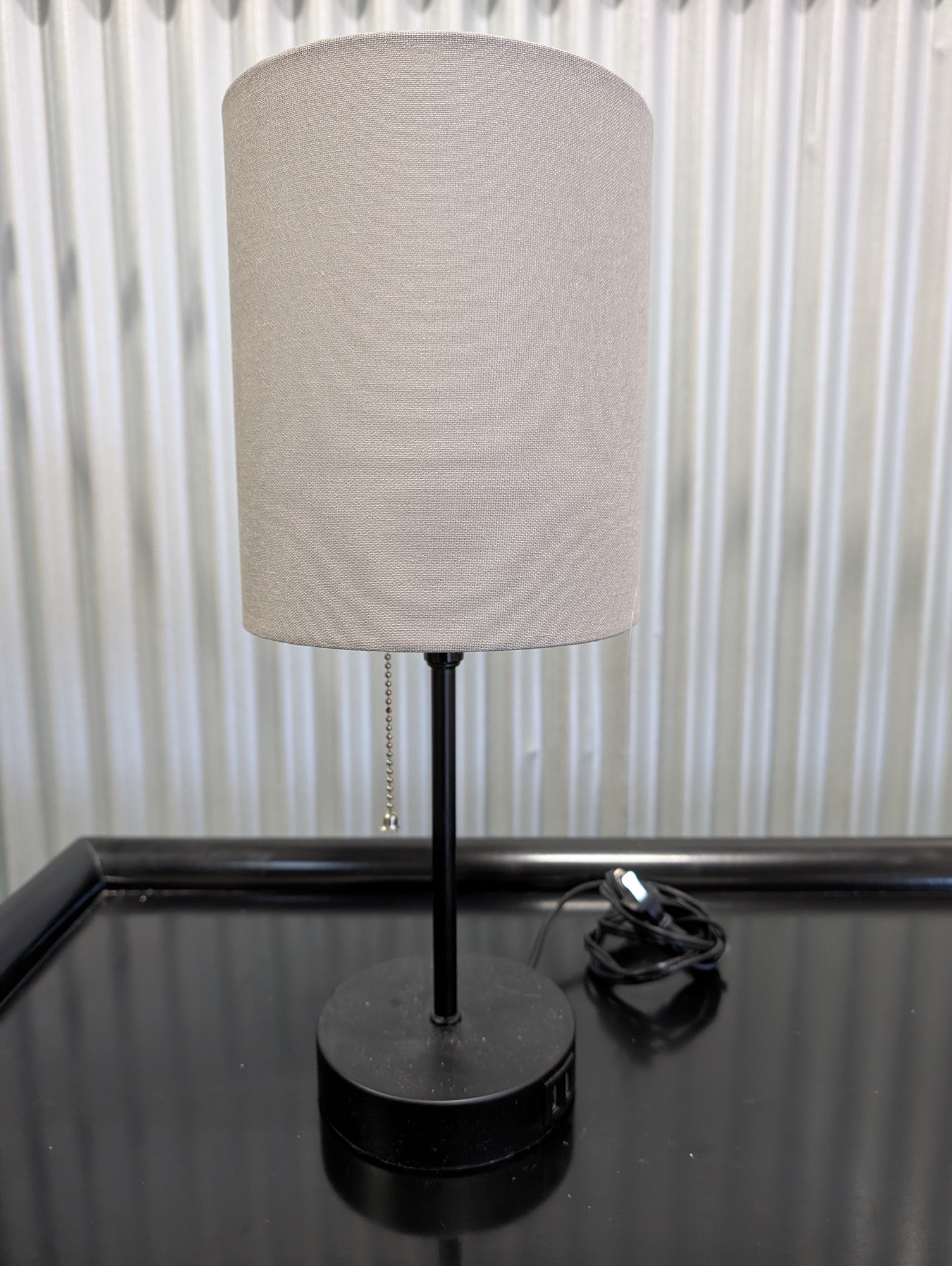 Pair of Modern Black Table Lamp with Grey Fabric Shade and USB Ports