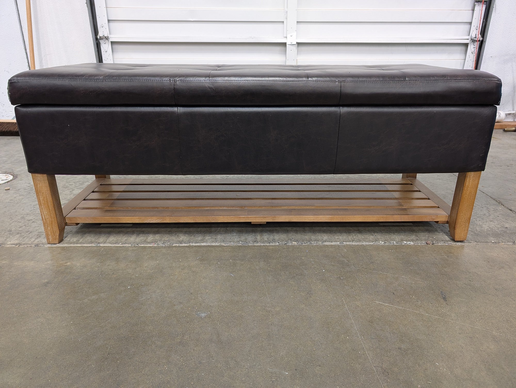 Dark Brown Tufted Storage Bench with Wood Base and Shelf