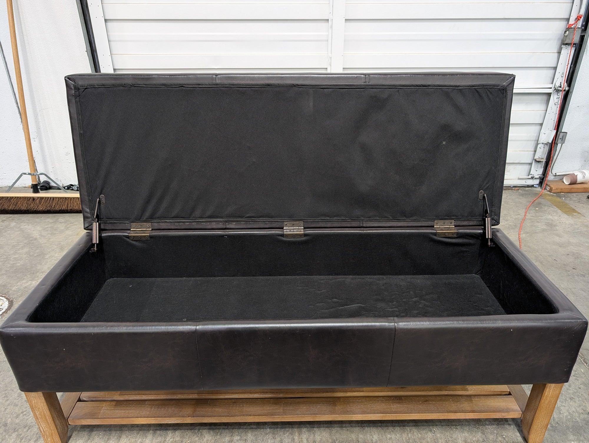 Dark Brown Tufted Storage Bench with Wood Base and Shelf