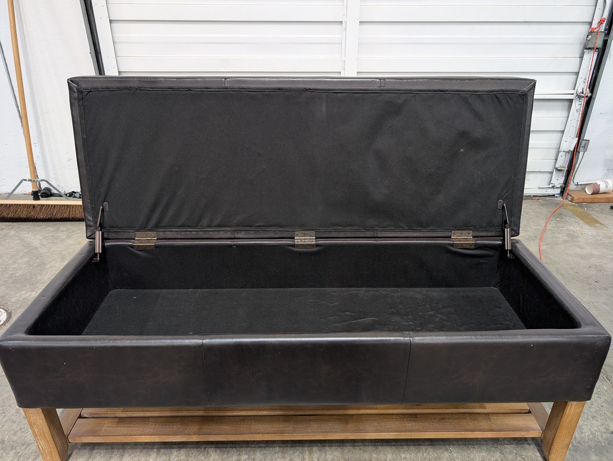 Dark Brown Tufted Storage Bench with Wood Base and Shelf