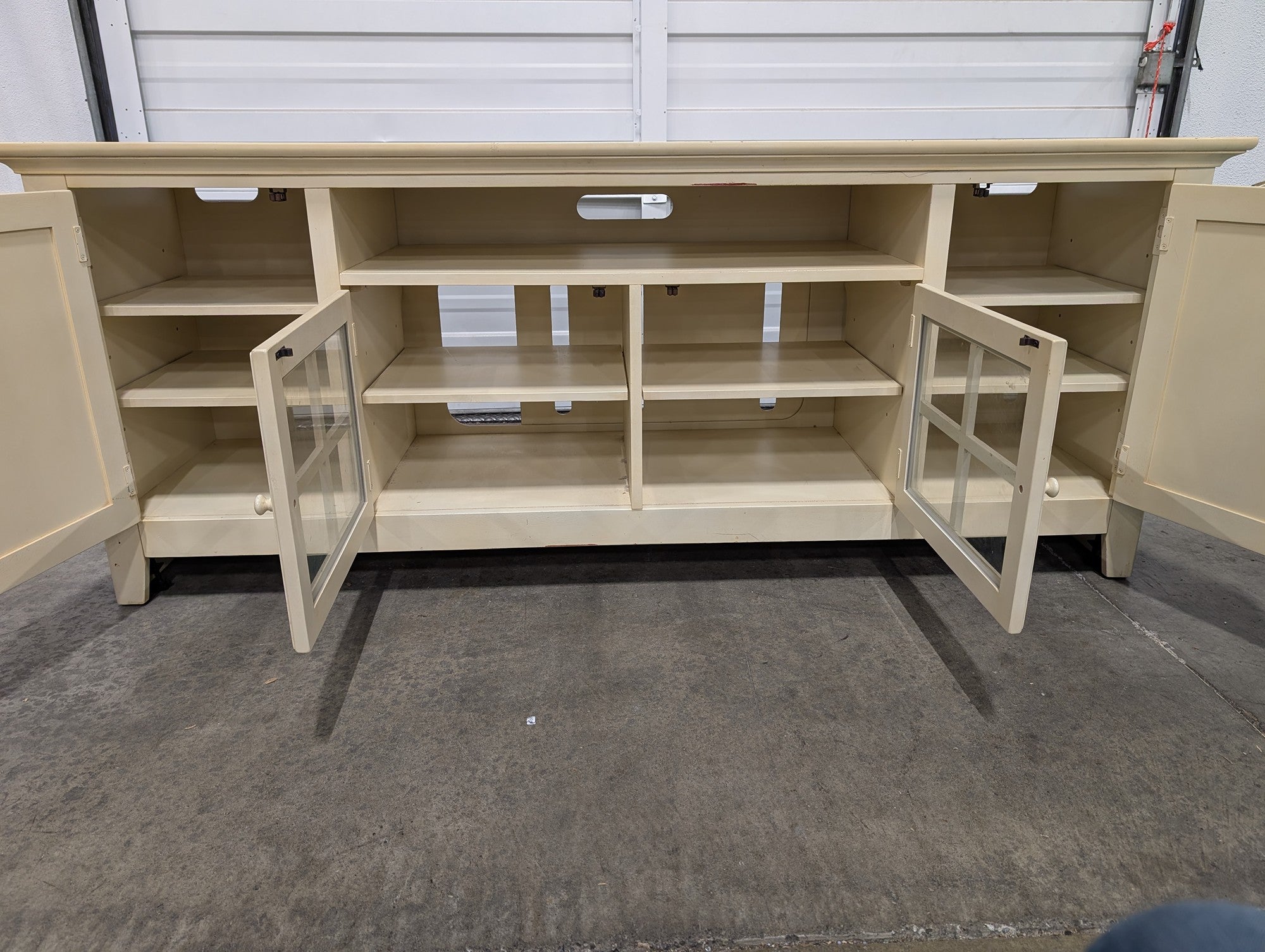 Distressed Cream Wood Media Console with Glass Doors