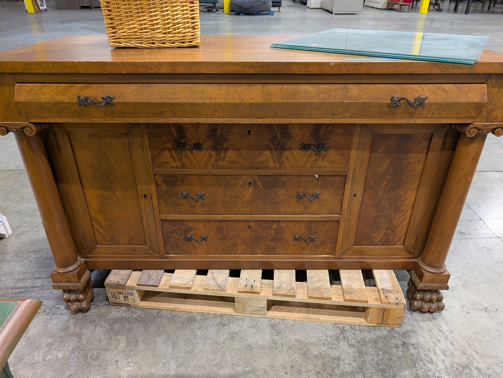 Vintage Wood Sideboard with Ornate Hardware and Fluted Columns