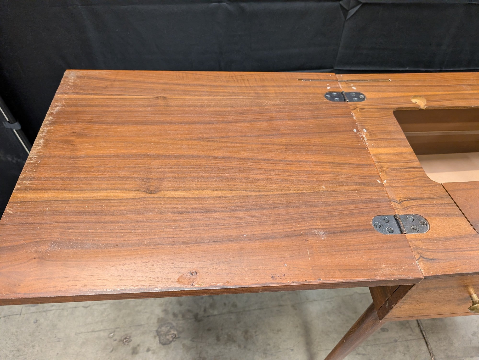 Vintage Mid-Century Modern Wood Sewing Machine Cabinet Desk with Drawers