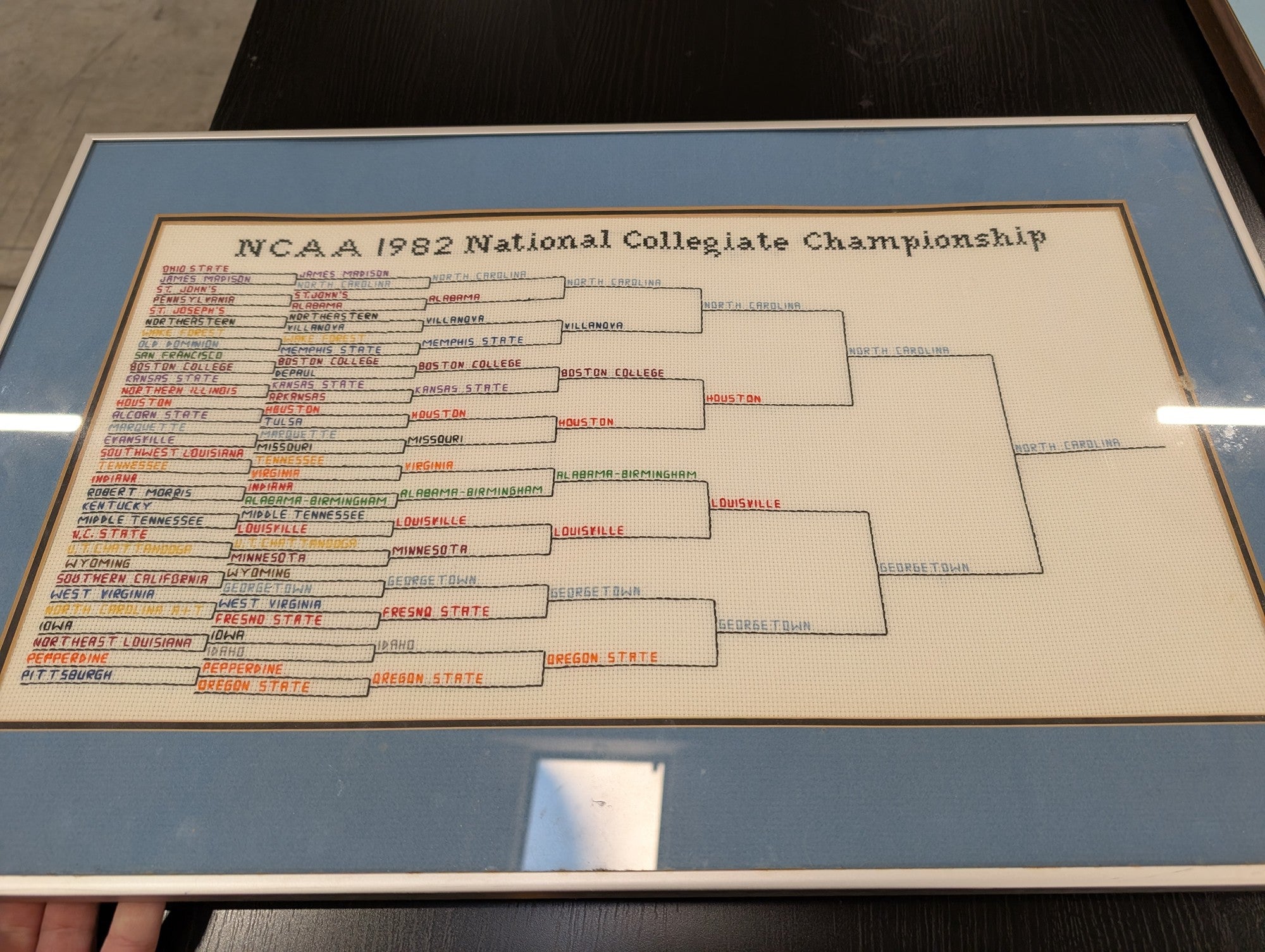 Vintage Handmade NCAA 1982 National Collegiate Championship Cross-Stitch Bracket Art