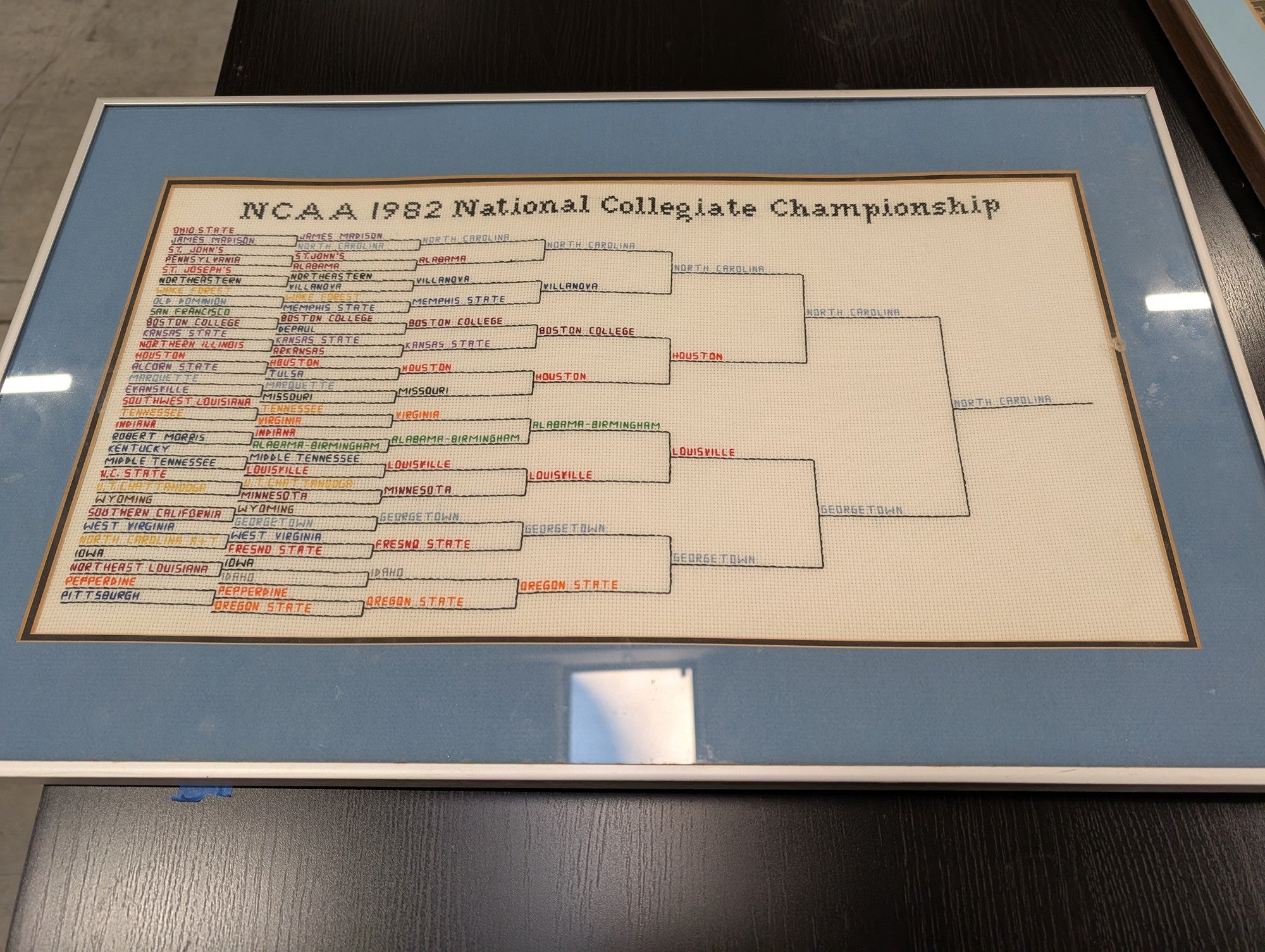 Vintage Handmade NCAA 1982 National Collegiate Championship Cross-Stitch Bracket Art