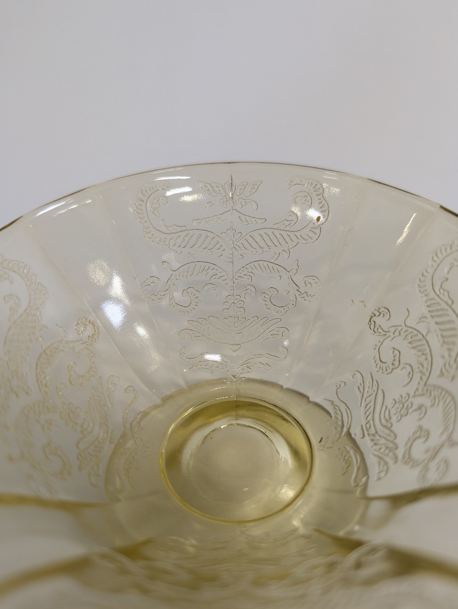 Vintage Yellow Glass Pedestal Bowl with Scroll Pattern