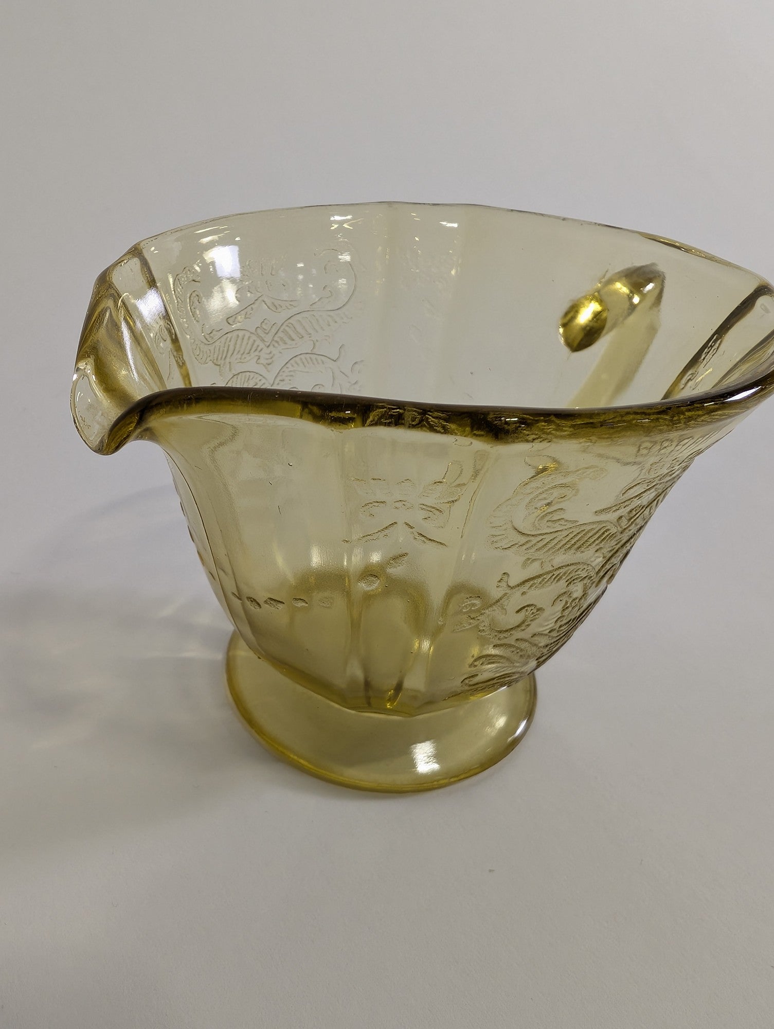 Vintage Yellow Glass Creamer Pitcher with Embossed Design