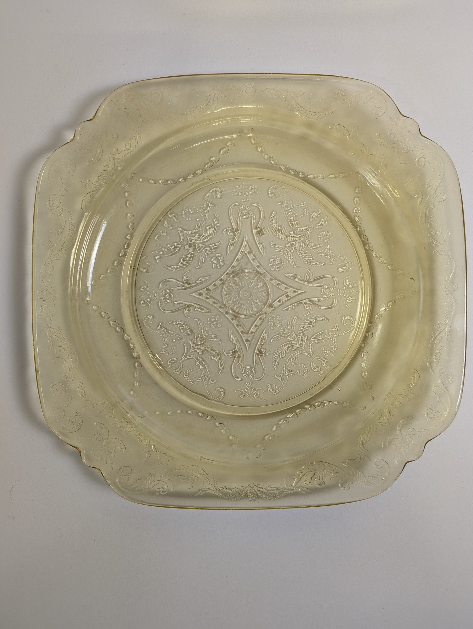 Vintage Yellow Square Glass Plate with Embossed Floral Pattern