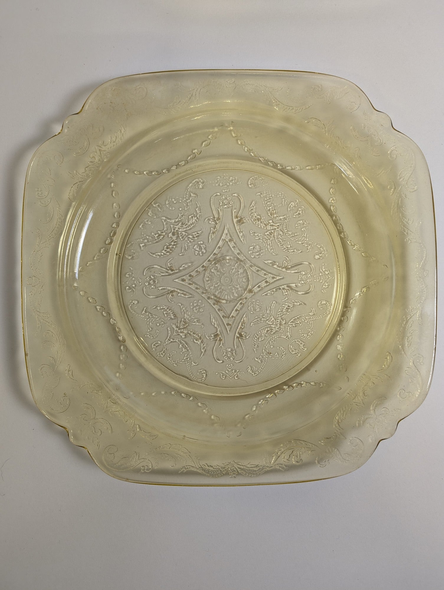 Vintage Yellow Square Glass Plate with Embossed Floral Pattern