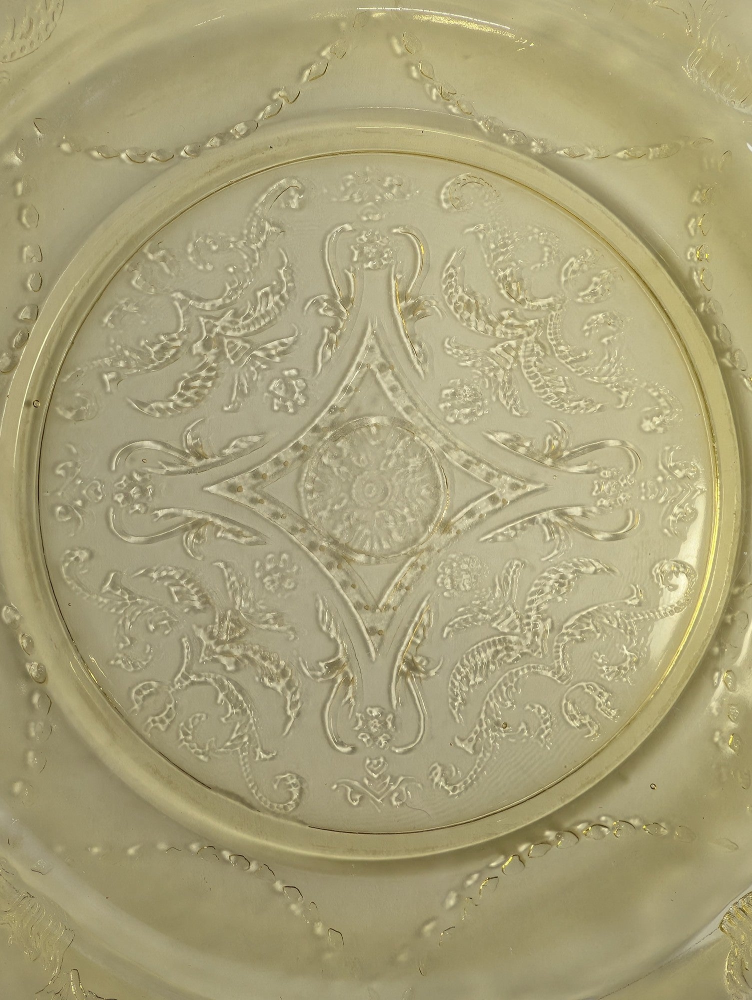 Vintage Yellow Square Glass Plate with Embossed Floral Pattern