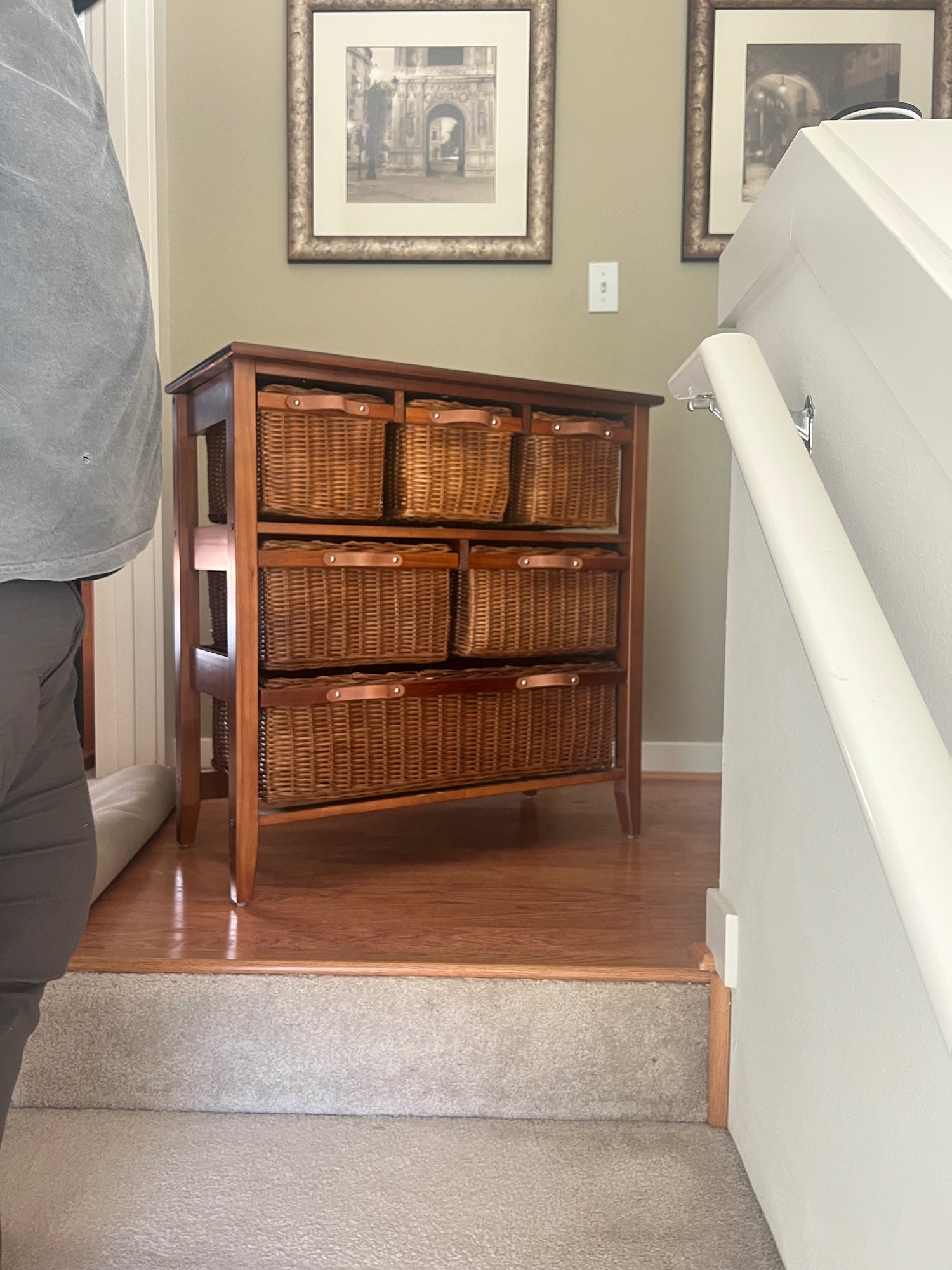 Rustic Dark Wood & Wicker Storage Cabinet with 6 Baskets & Leather Pulls