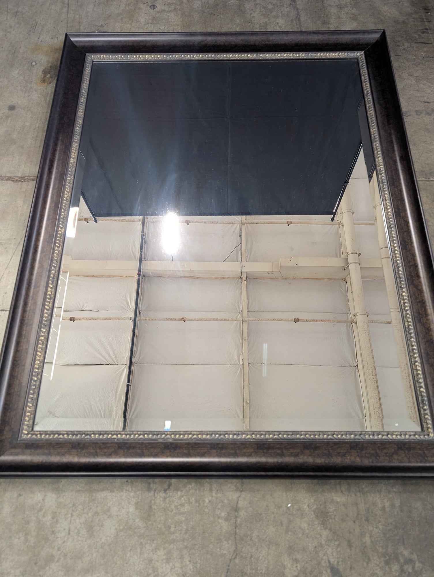 Rectangular Wall Mirror with Textured Bronze Frame and Beaded Inner Trim