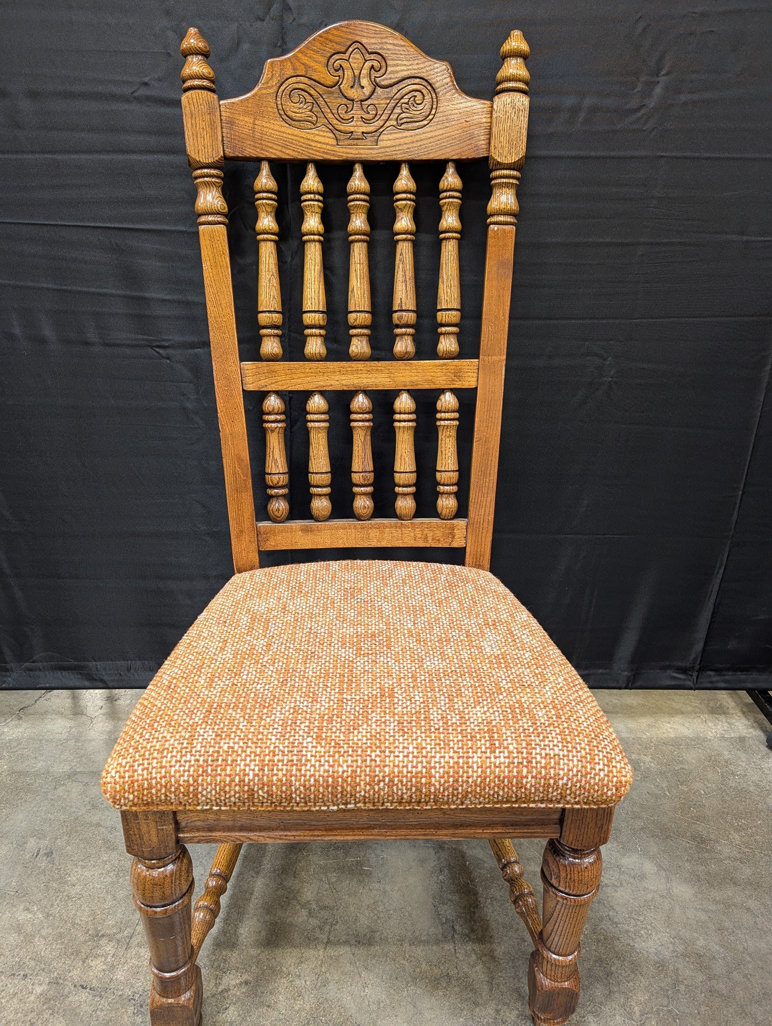 American Drew Rustic Carved Wood Spindle Back Dining Chair with Upholstered Seat