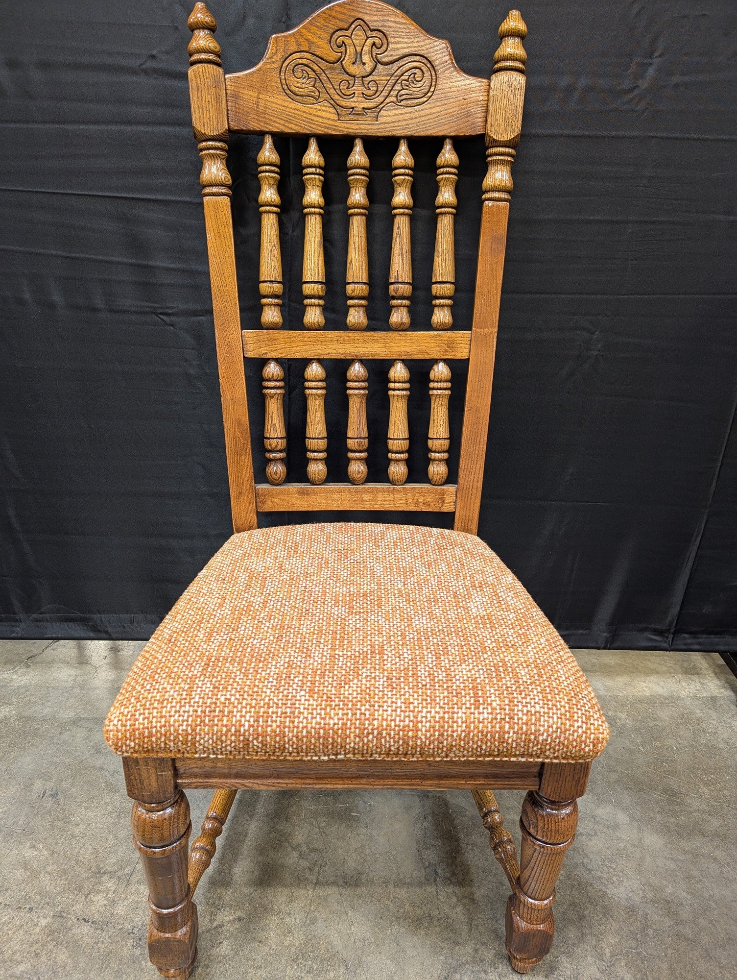 American Drew Rustic Carved Wood Spindle Back Dining Chair with Upholstered Seat