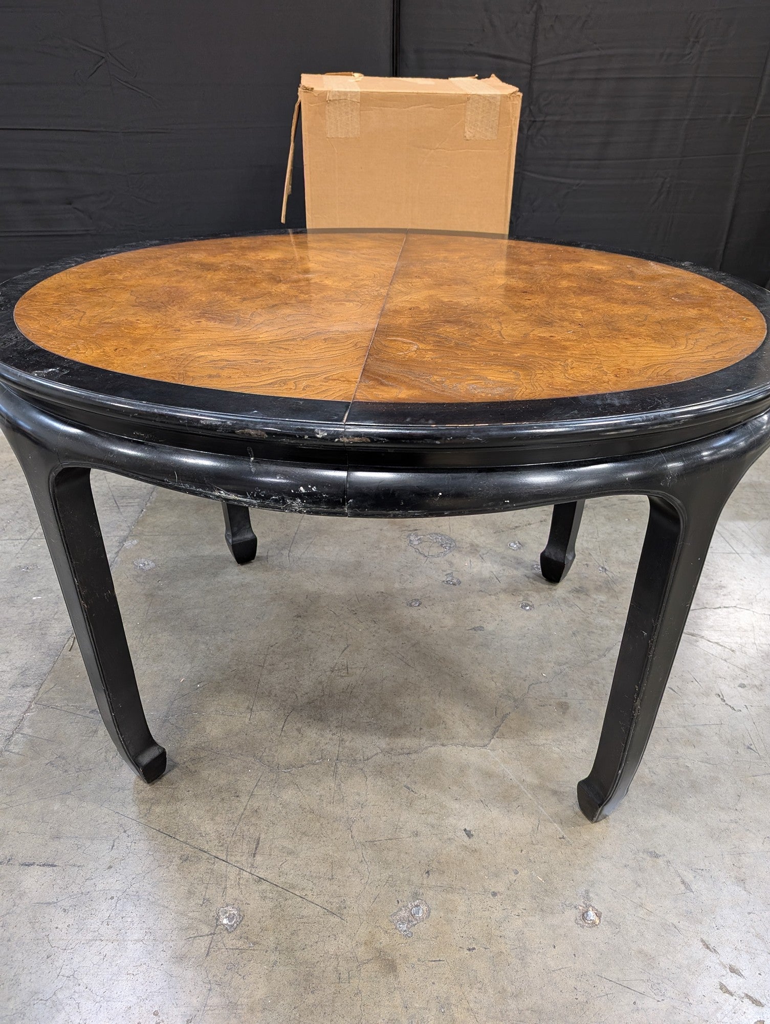 Round Burl Wood Extendable Dining Table with Black Lacquer Finish