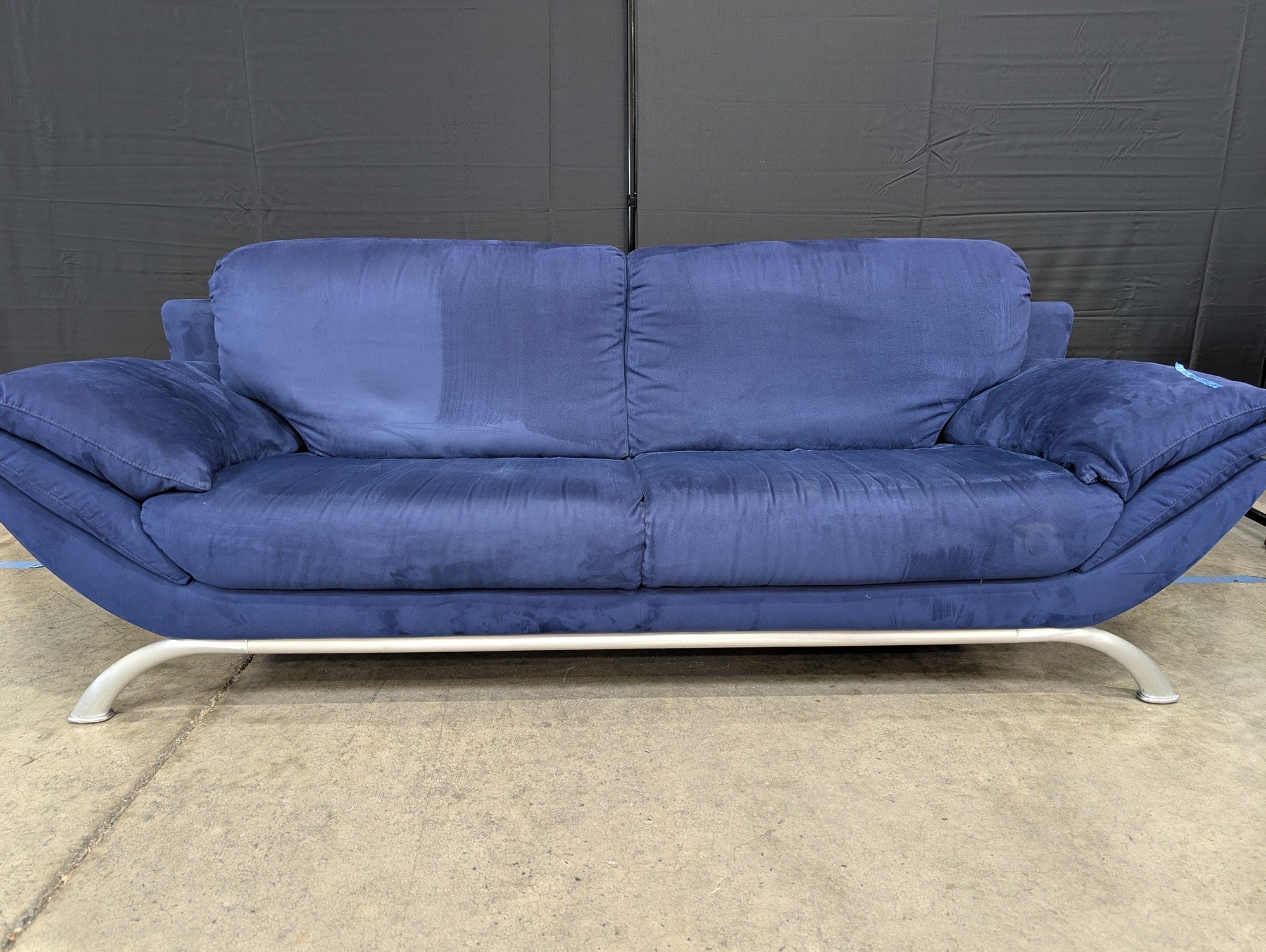 Modern Blue Fabric Two-Seater Sofa with Curved Metal Base