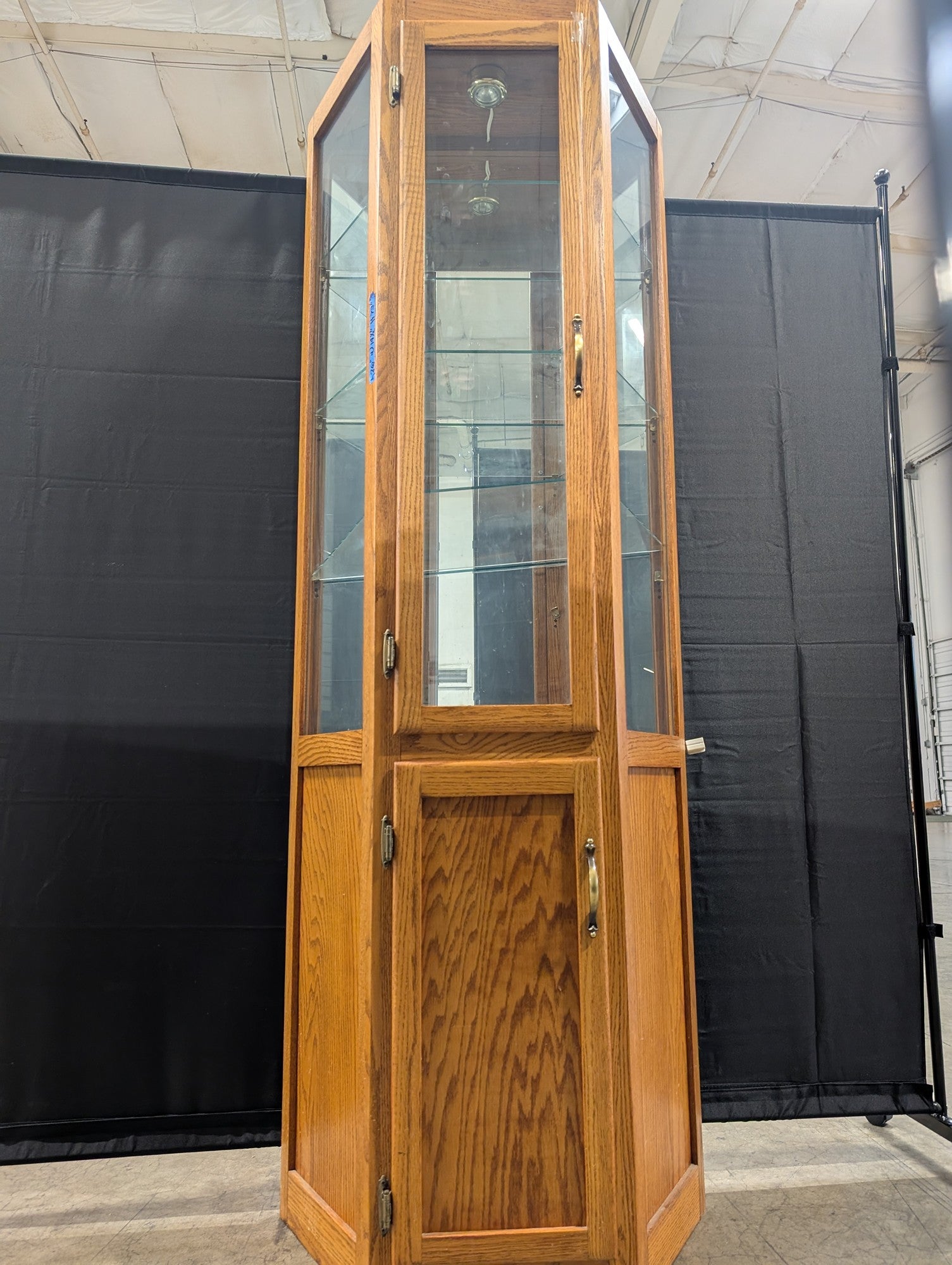 Octagonal Oak Wood Display Cabinet with Glass Shelving