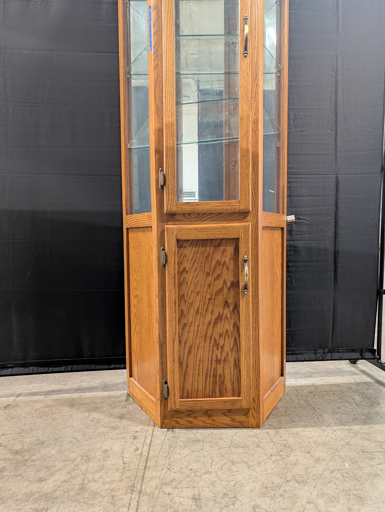 Octagonal Oak Wood Display Cabinet with Glass Shelving