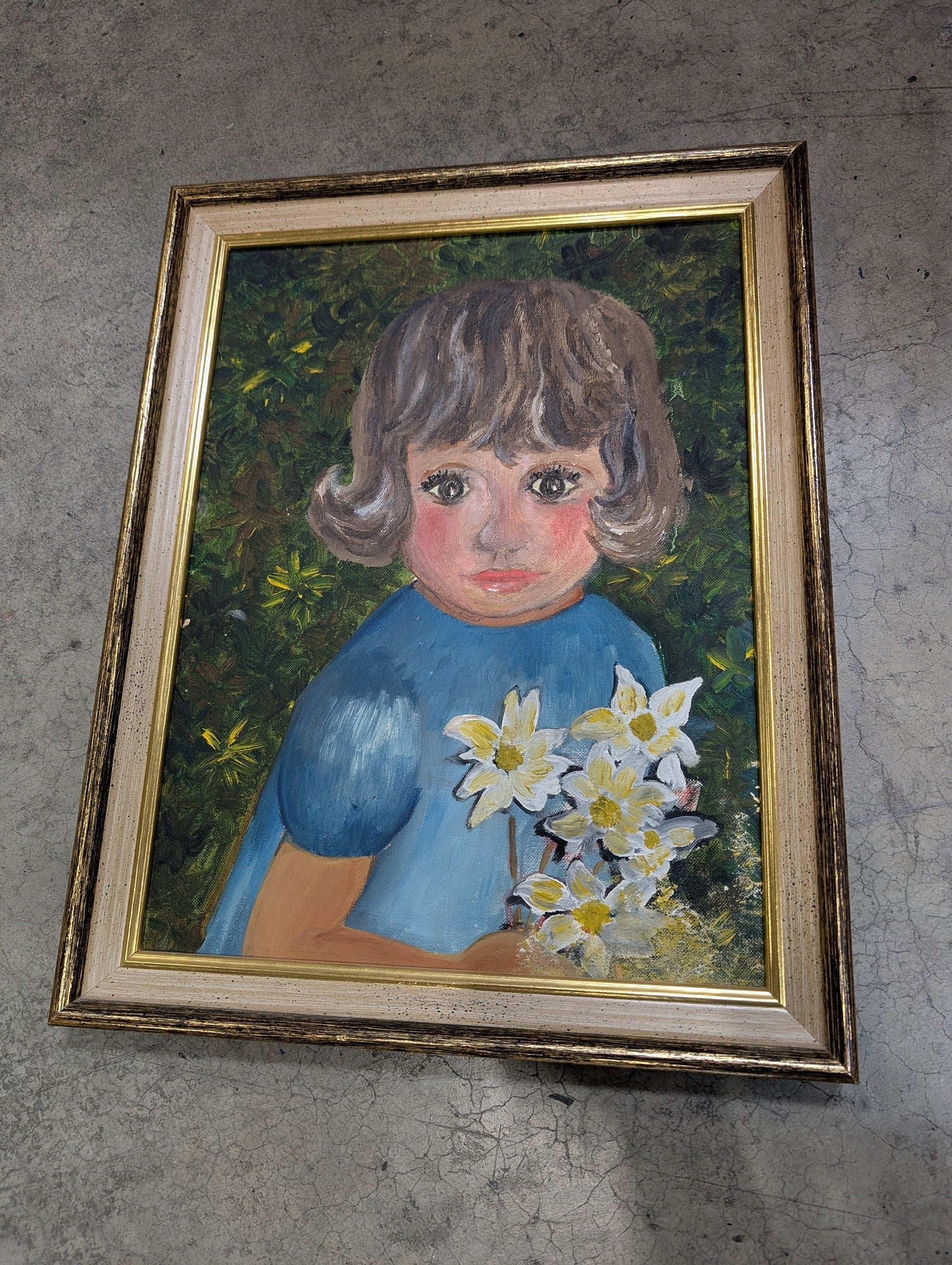 Vintage Child Portrait Oil Painting, Framed 12x16 Canvas Art
