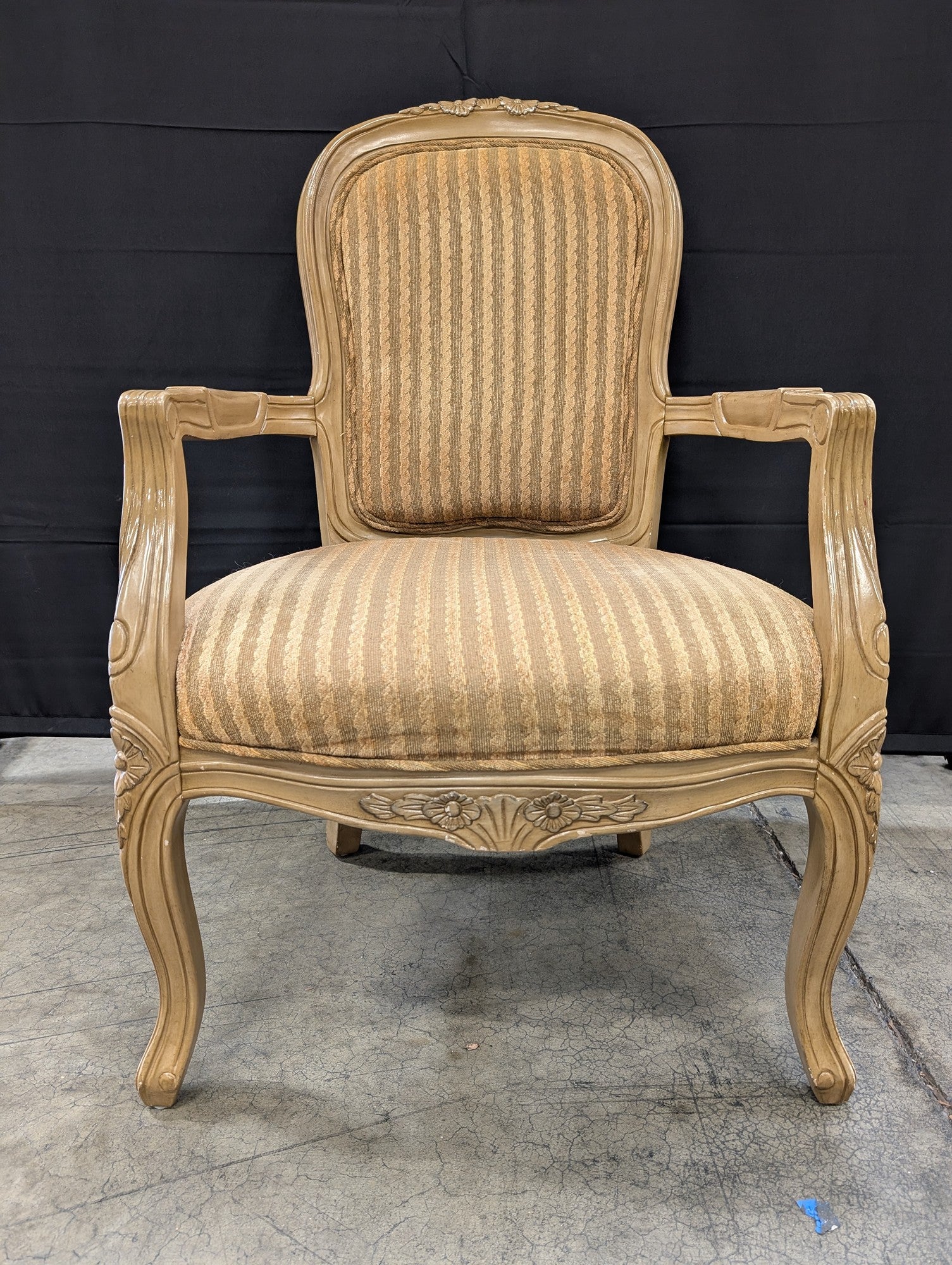 Carved Wood French Provincial Style Armchair with Striped Upholstery