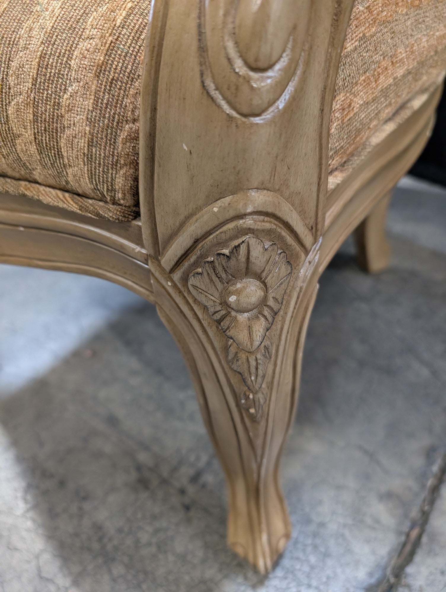 Carved Wood French Provincial Style Armchair with Striped Upholstery