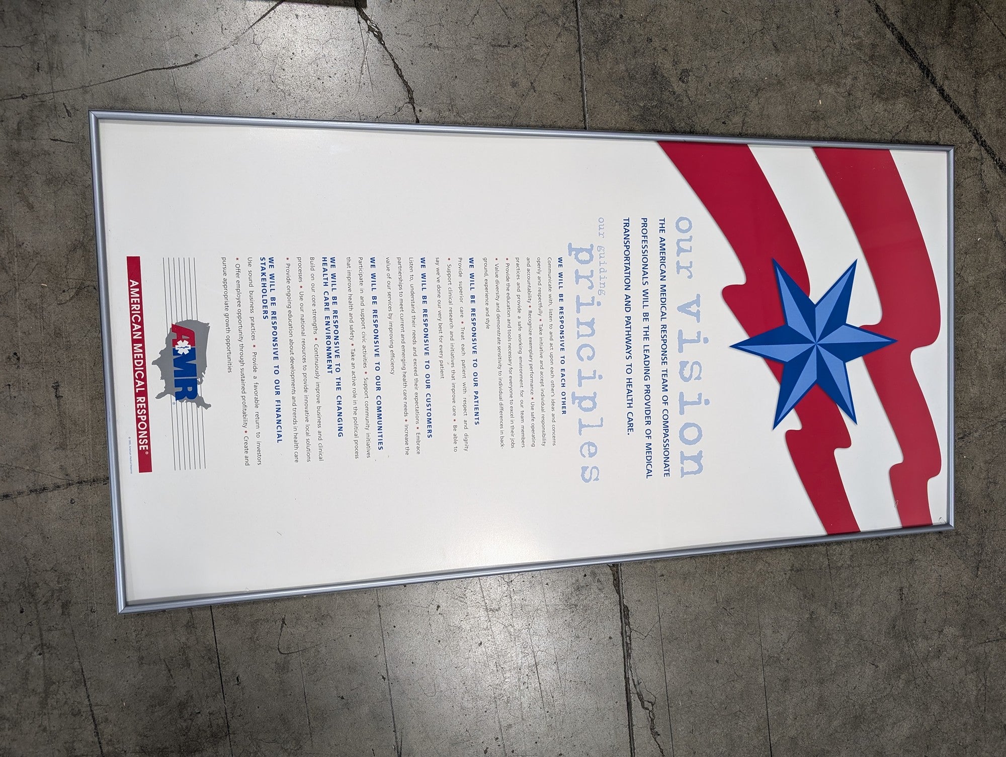 Official AMERICAN MEDICAL RESPONSE AMR Corporate Vision Guiding Principles Framed Sign