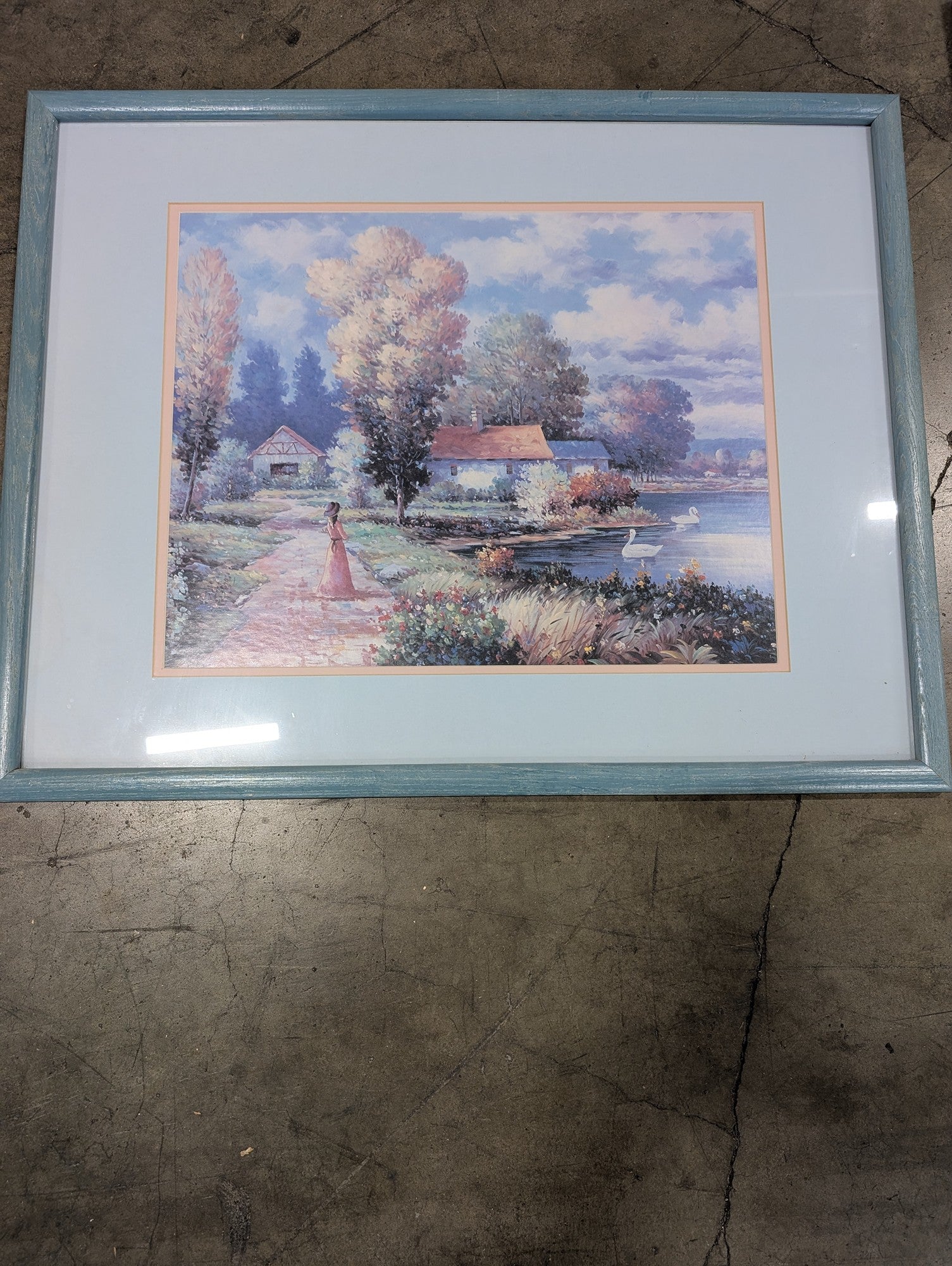 Tranquil Lakeside Scene Framed Wall Art Print with Swans