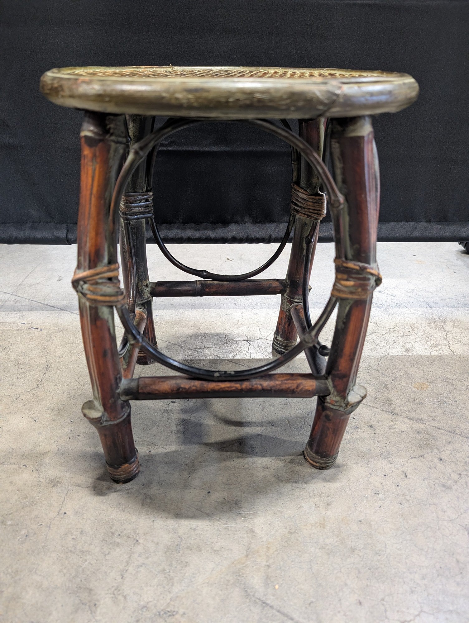 Round Woven Top Bamboo Accent Stool