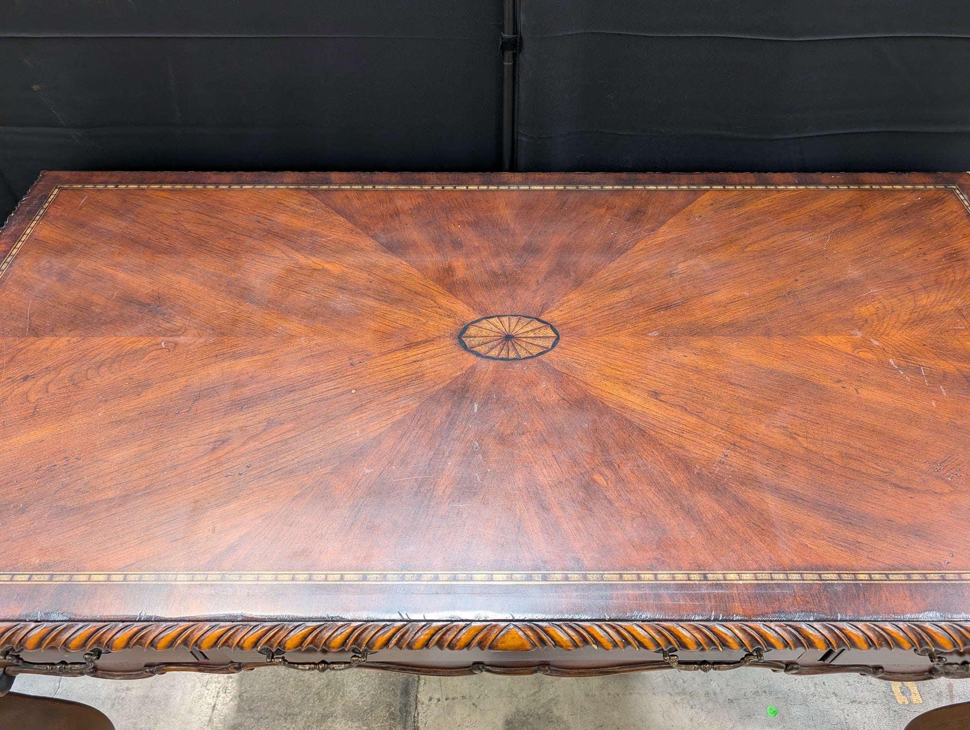 Ornate Inlaid Wood Writing Desk with Carved Details