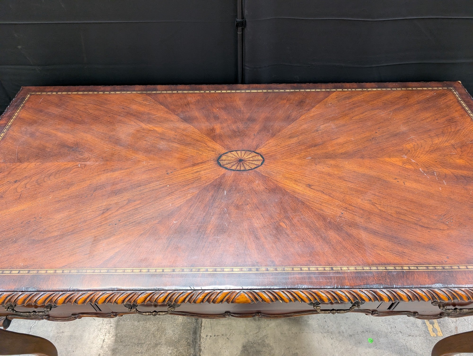 Ornate Inlaid Wood Writing Desk with Carved Details