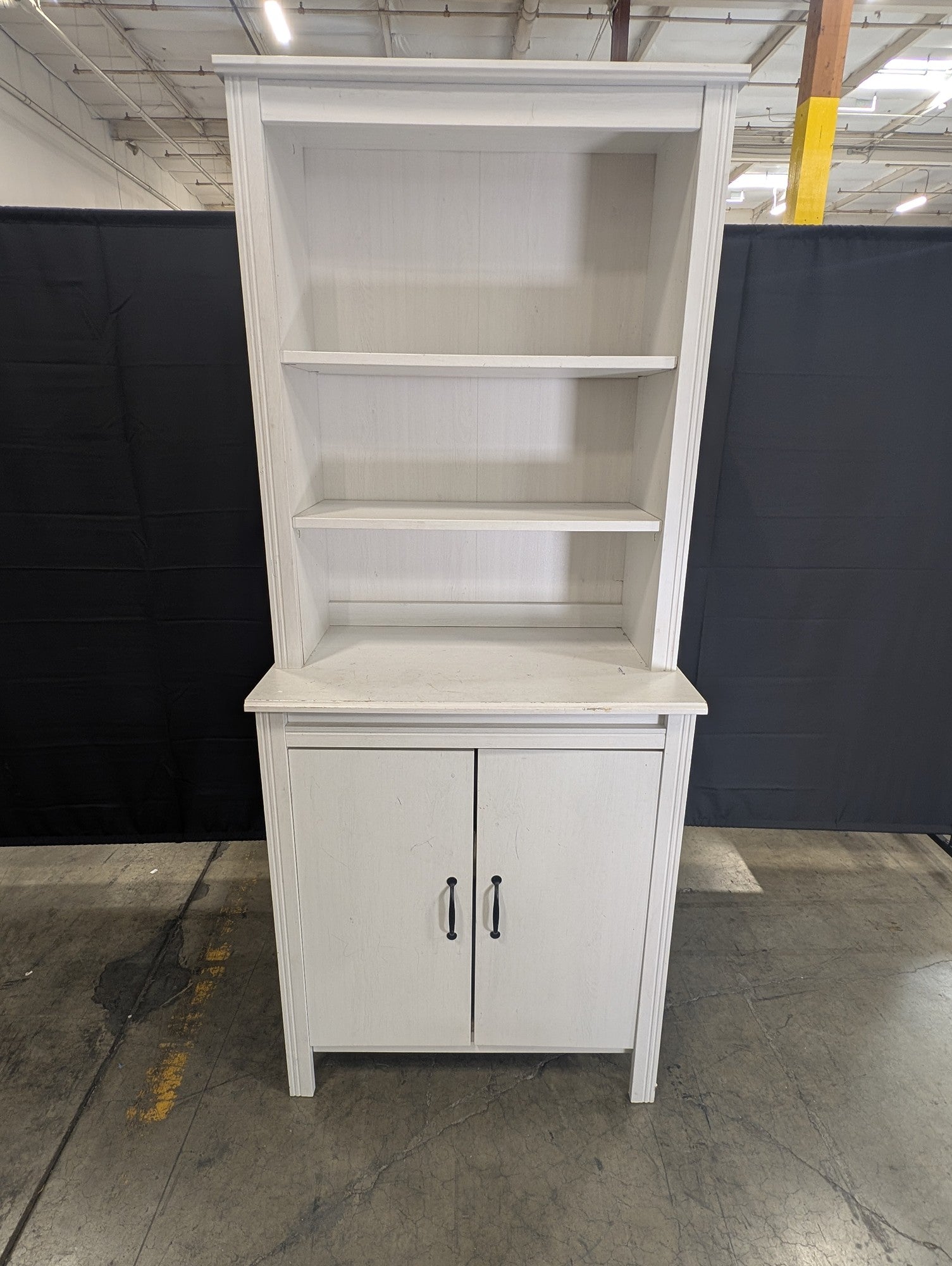 Distressed White Wood Hutch Bookshelf with Storage Cabinet