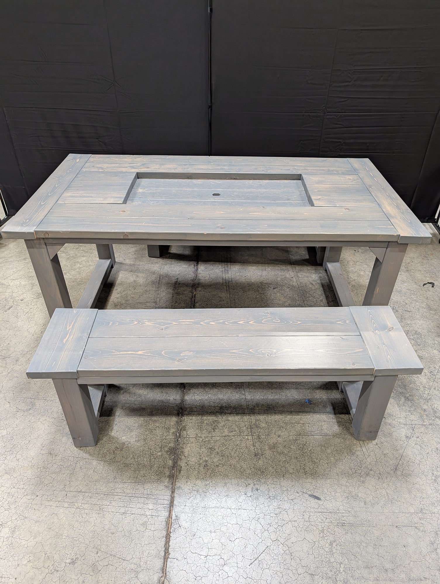 Grey Washed Wood Outdoor Dining Table and Bench Set