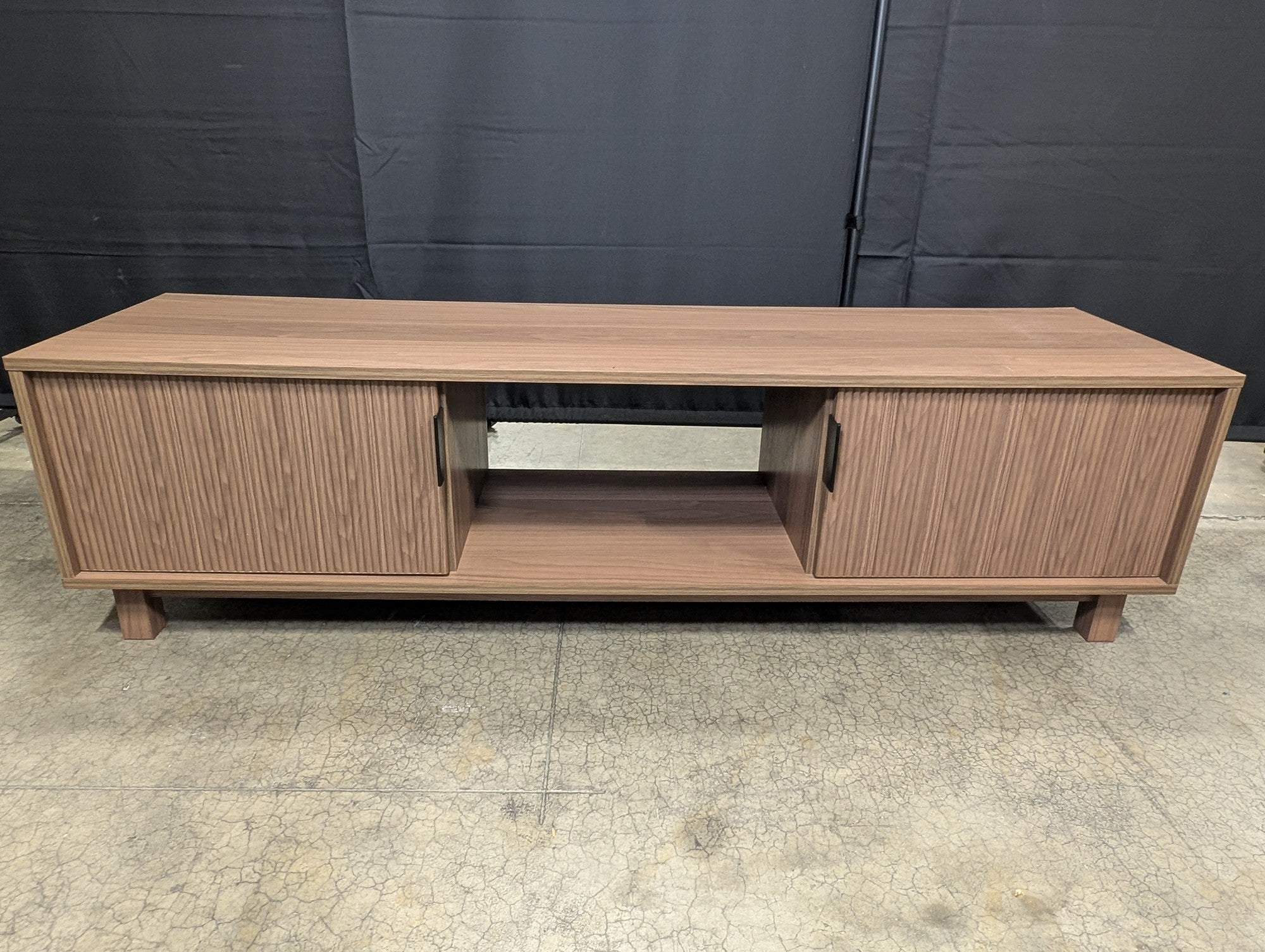 Mid-Century Modern Wood Media Console with Slatted Doors