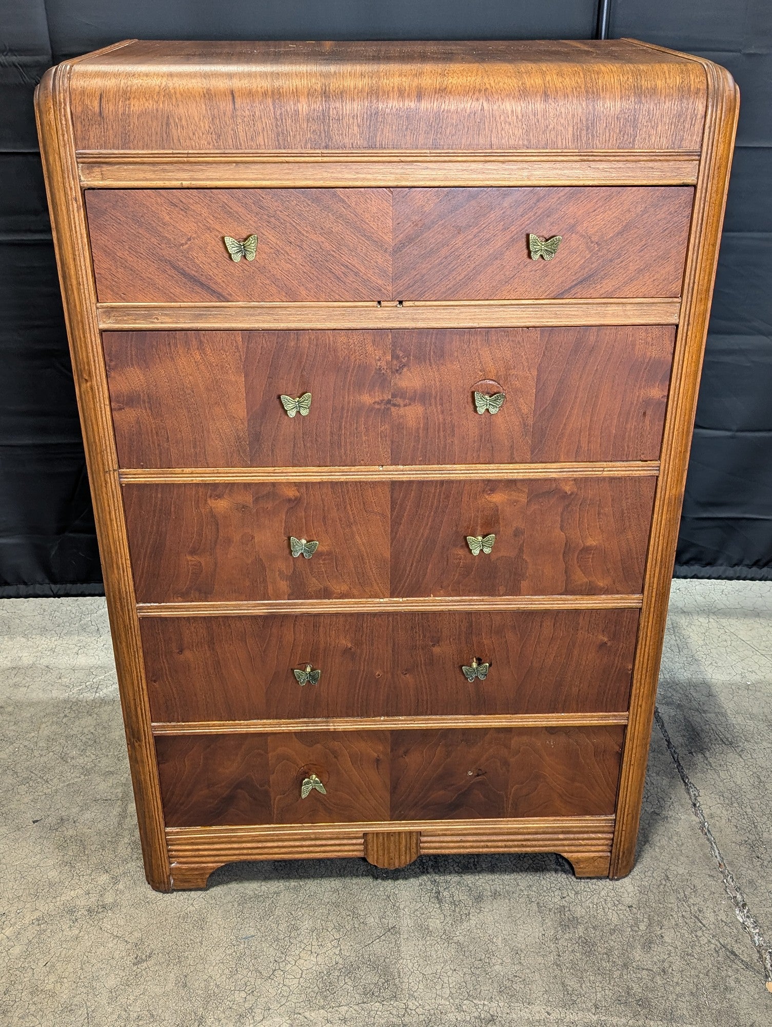 Vintage Art Deco Waterfall Wood Chest of Drawers