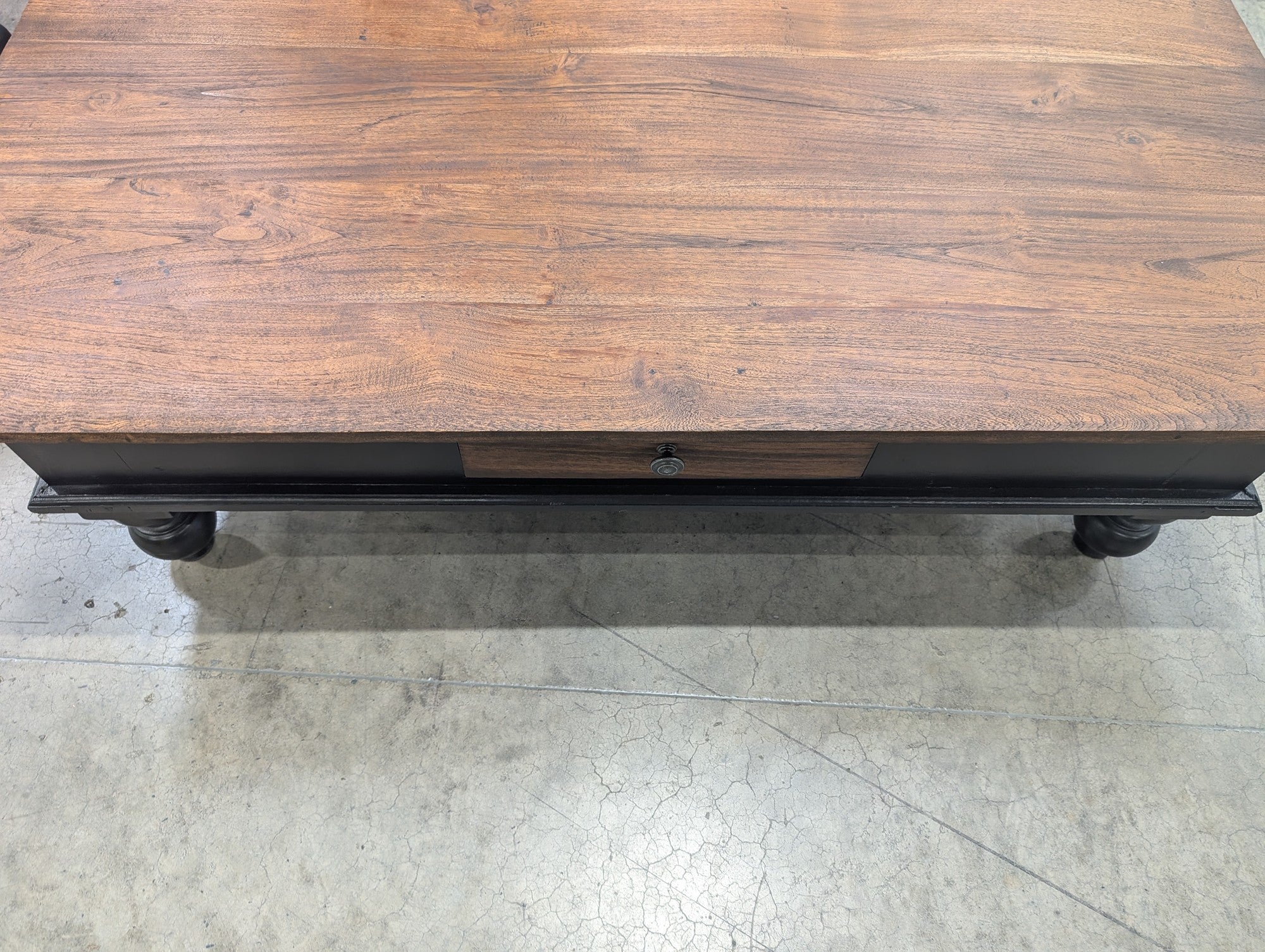 Rustic Wood Top Coffee Table with Black Base and Storage Drawer