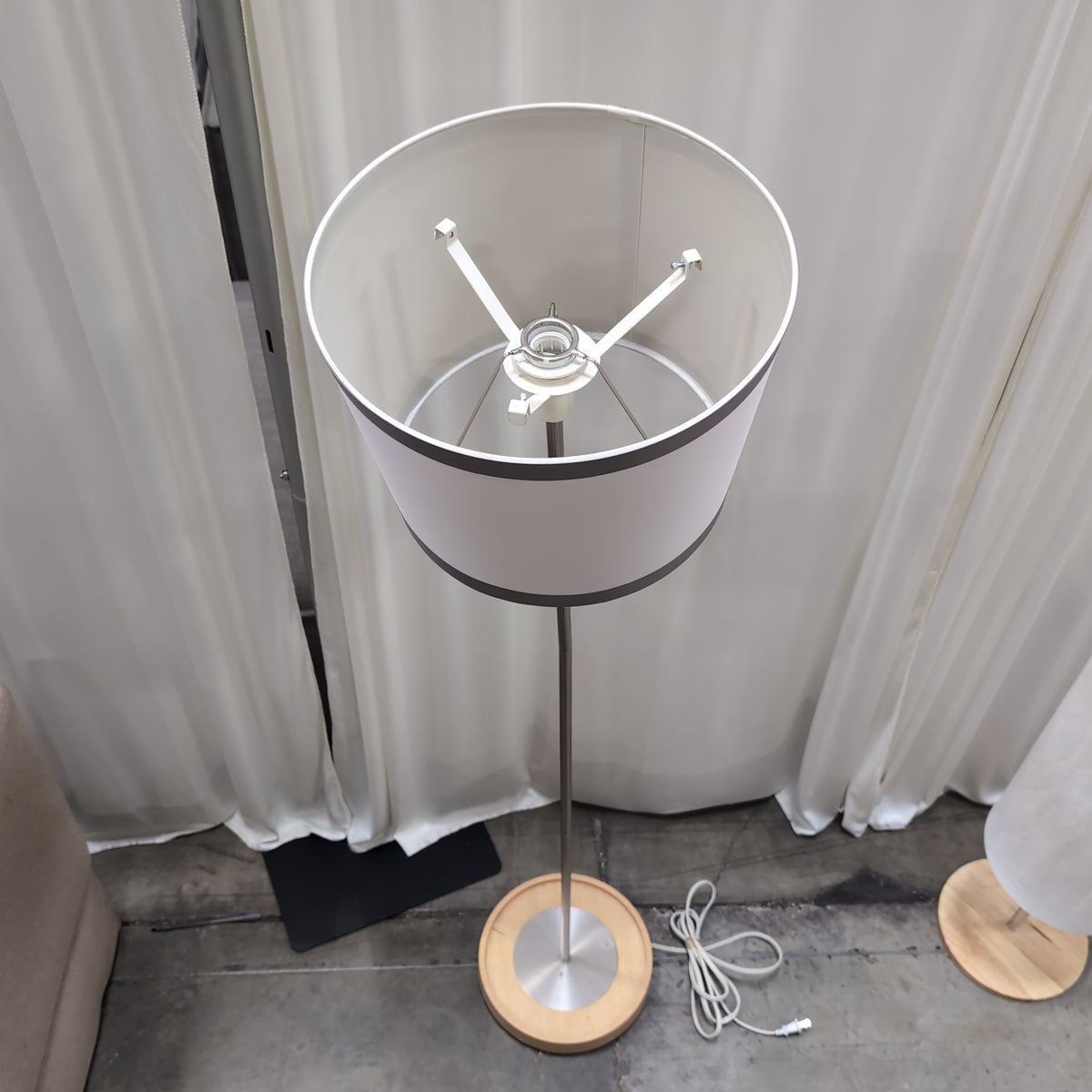 Brushed Metal Floor Lamp with Wood Base