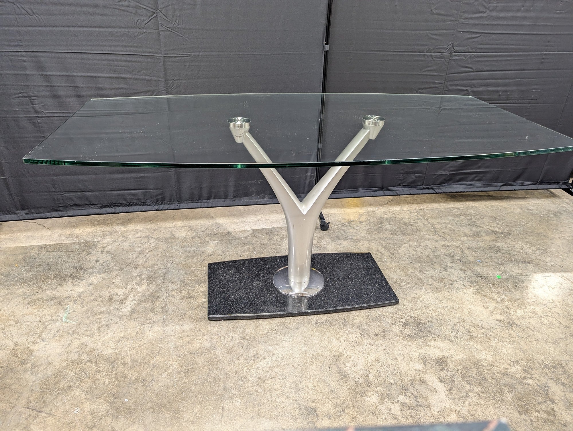 Sleek Contemporary Tempered Glass Top Table with Y-Pedestal Base