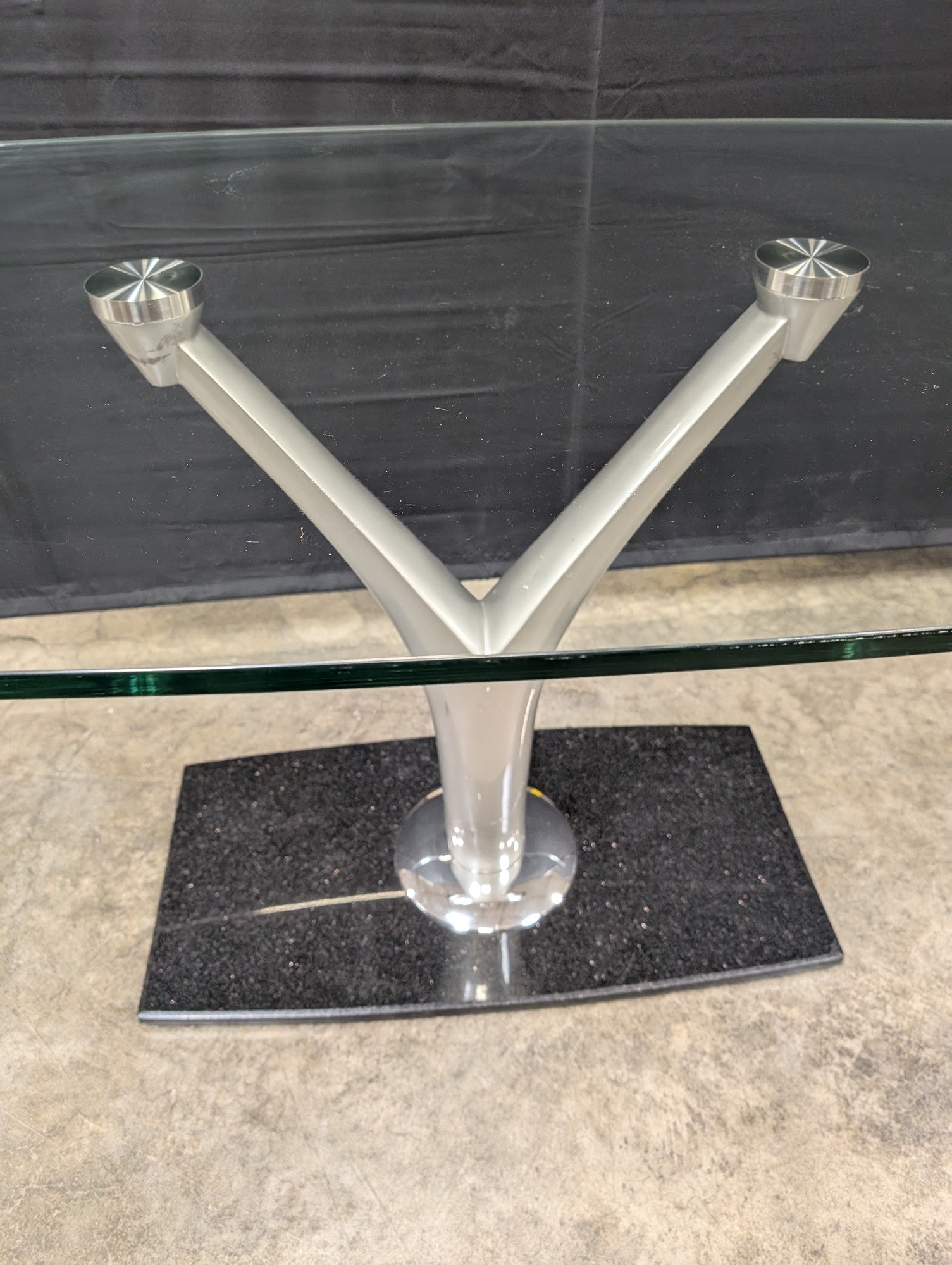 Sleek Contemporary Tempered Glass Top Table with Y-Pedestal Base