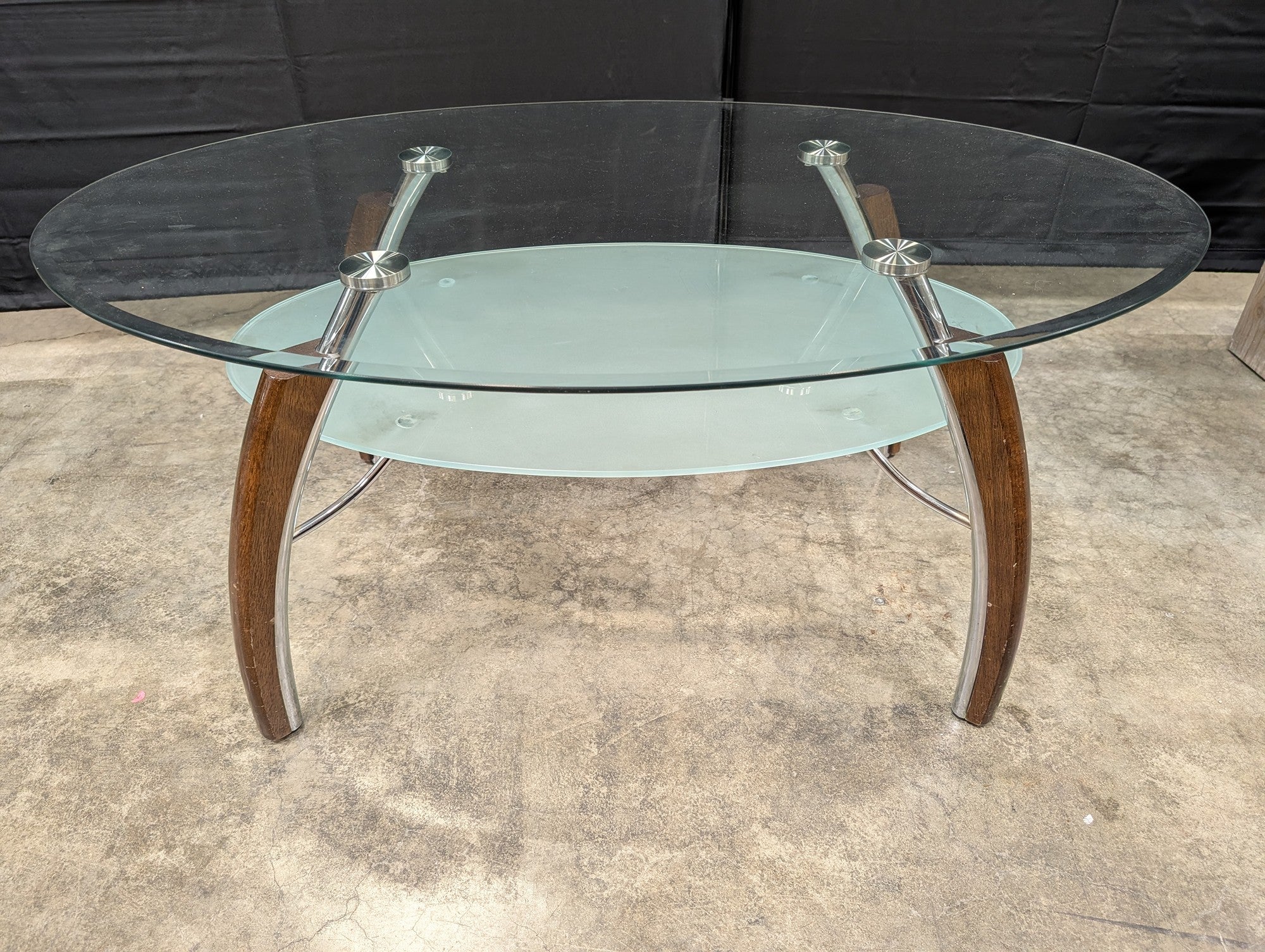 Contemporary Two-Tiered Glass Top Coffee Table with Wood and Chrome Accents
