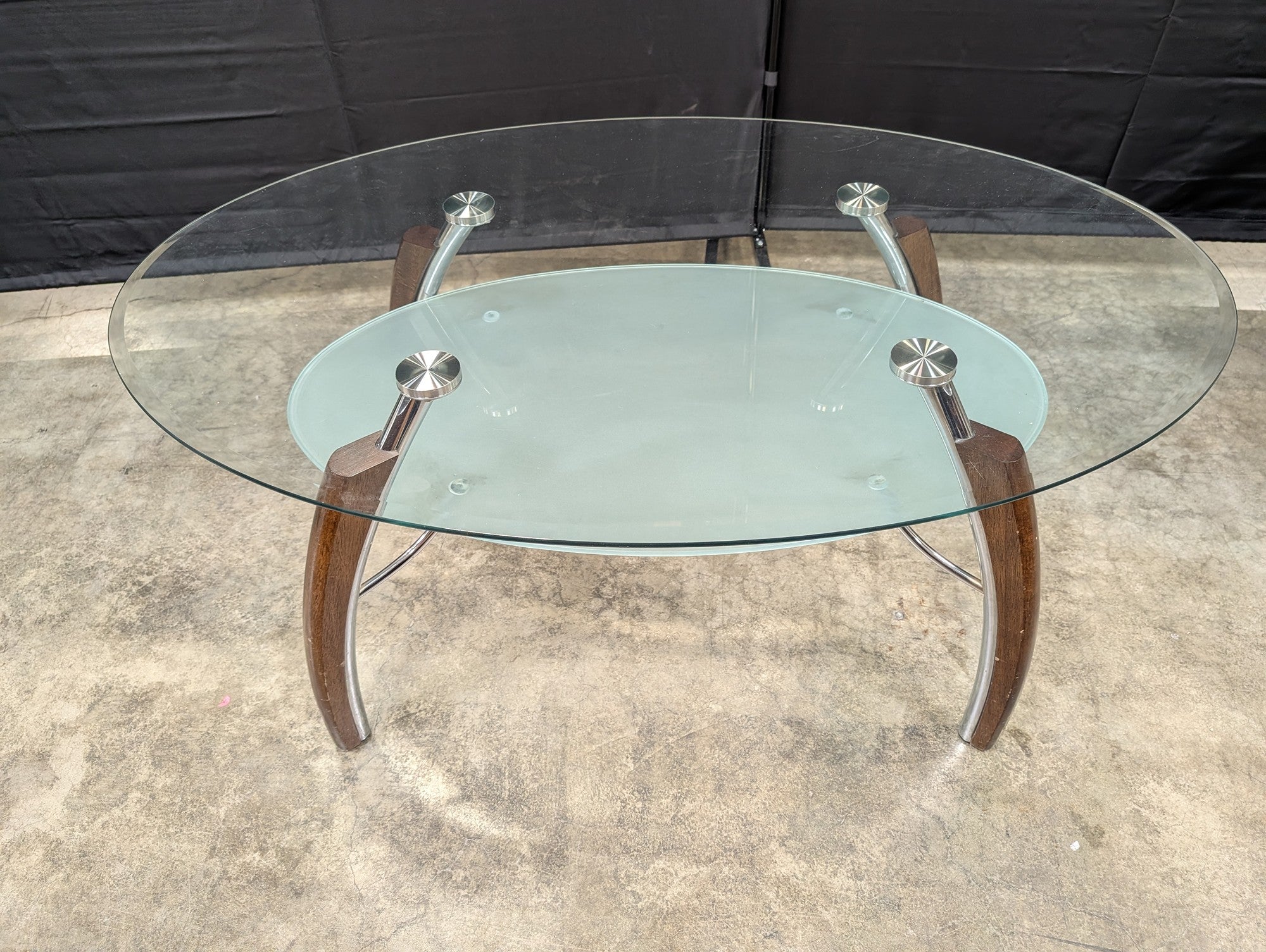 Contemporary Two-Tiered Glass Top Coffee Table with Wood and Chrome Accents