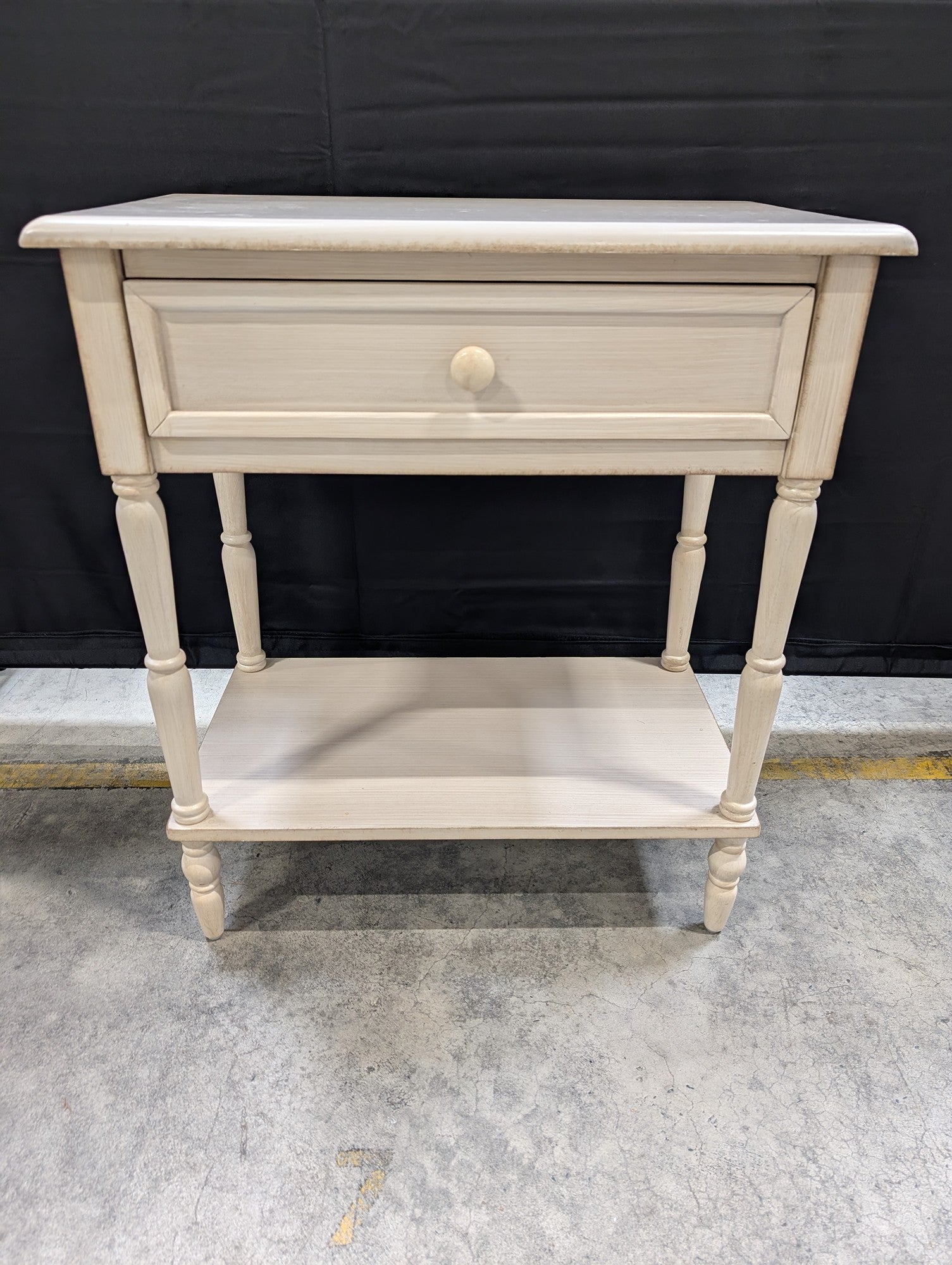 Distressed Cream Wood Side Table with Drawer and Shelf
