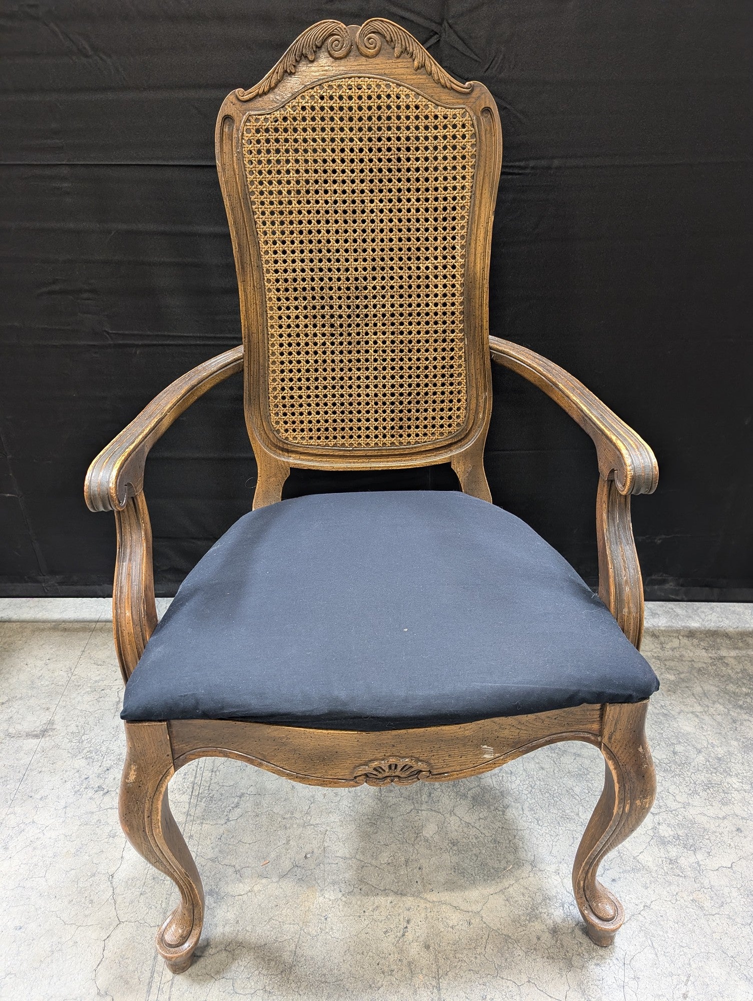 French Provincial Carved Wood Cane Back Accent Armchair