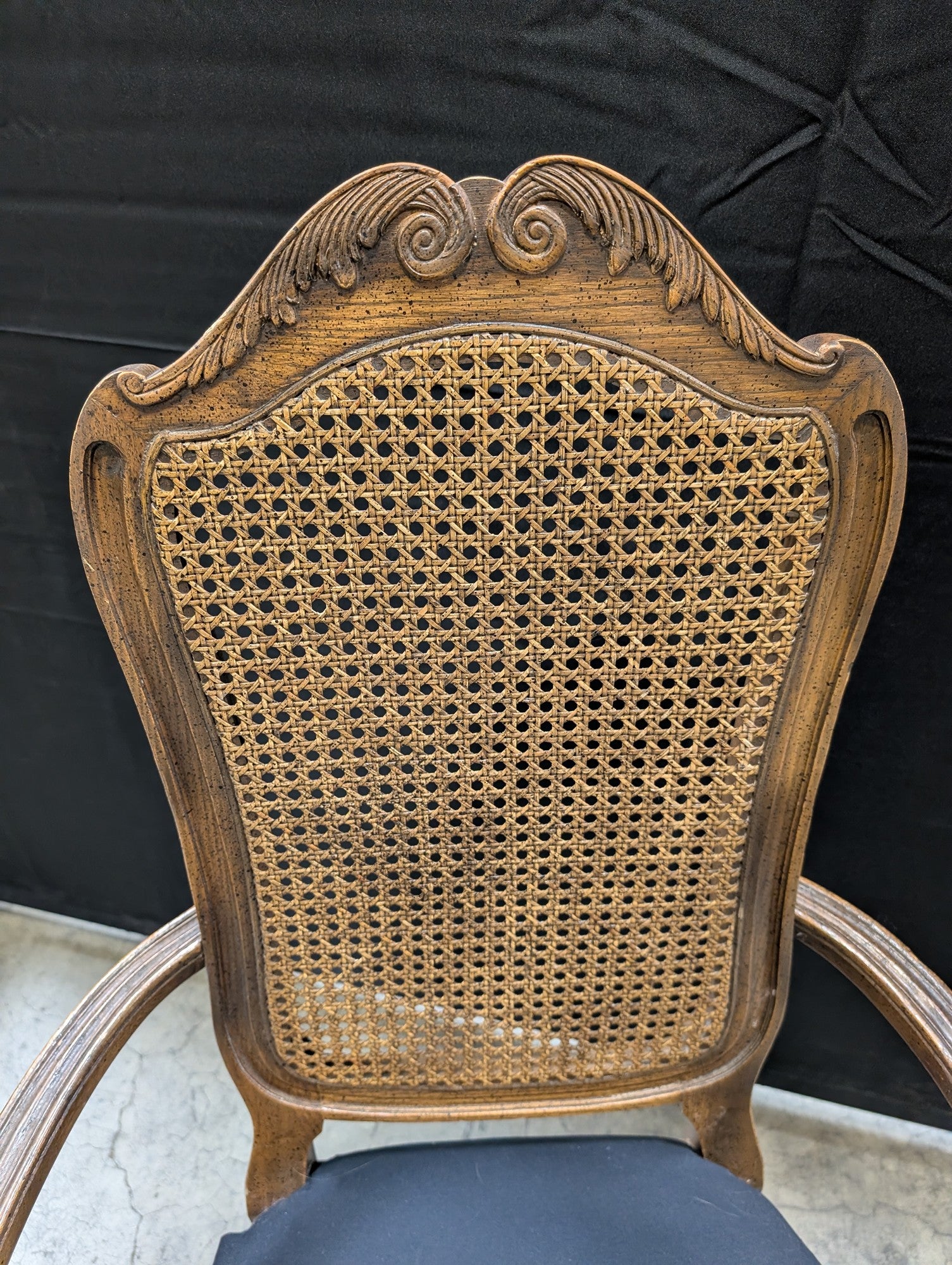 French Provincial Carved Wood Cane Back Accent Armchair
