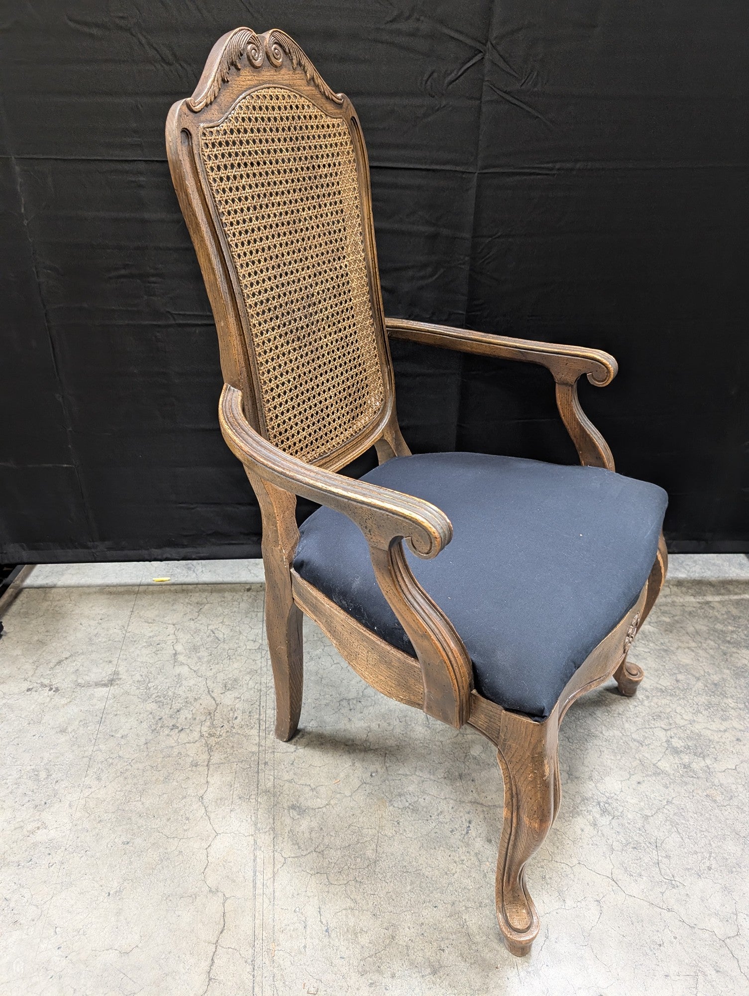 French Provincial Carved Wood Cane Back Accent Armchair