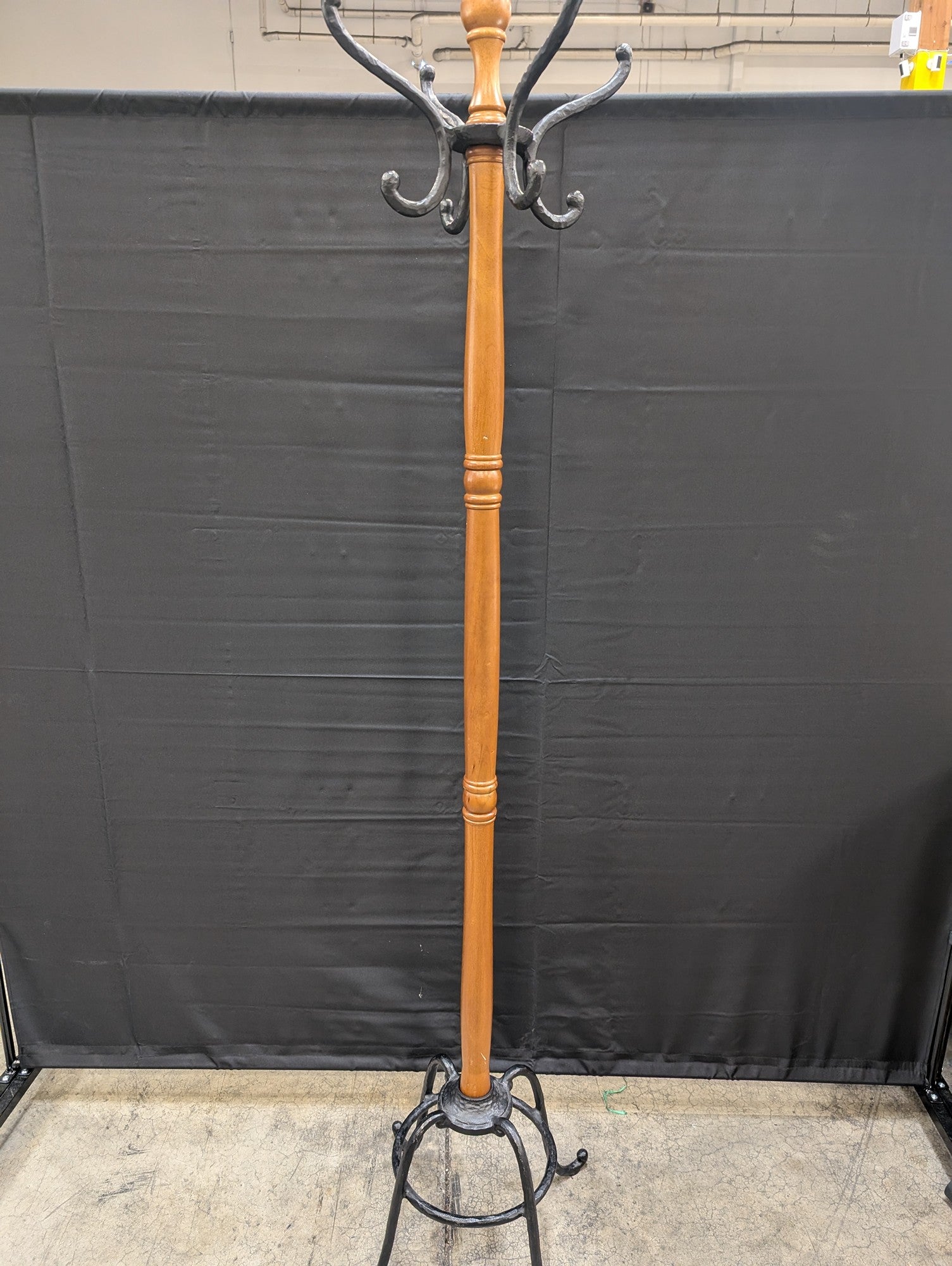 Classic Wooden Coat Stand with Black Cast Iron Hooks