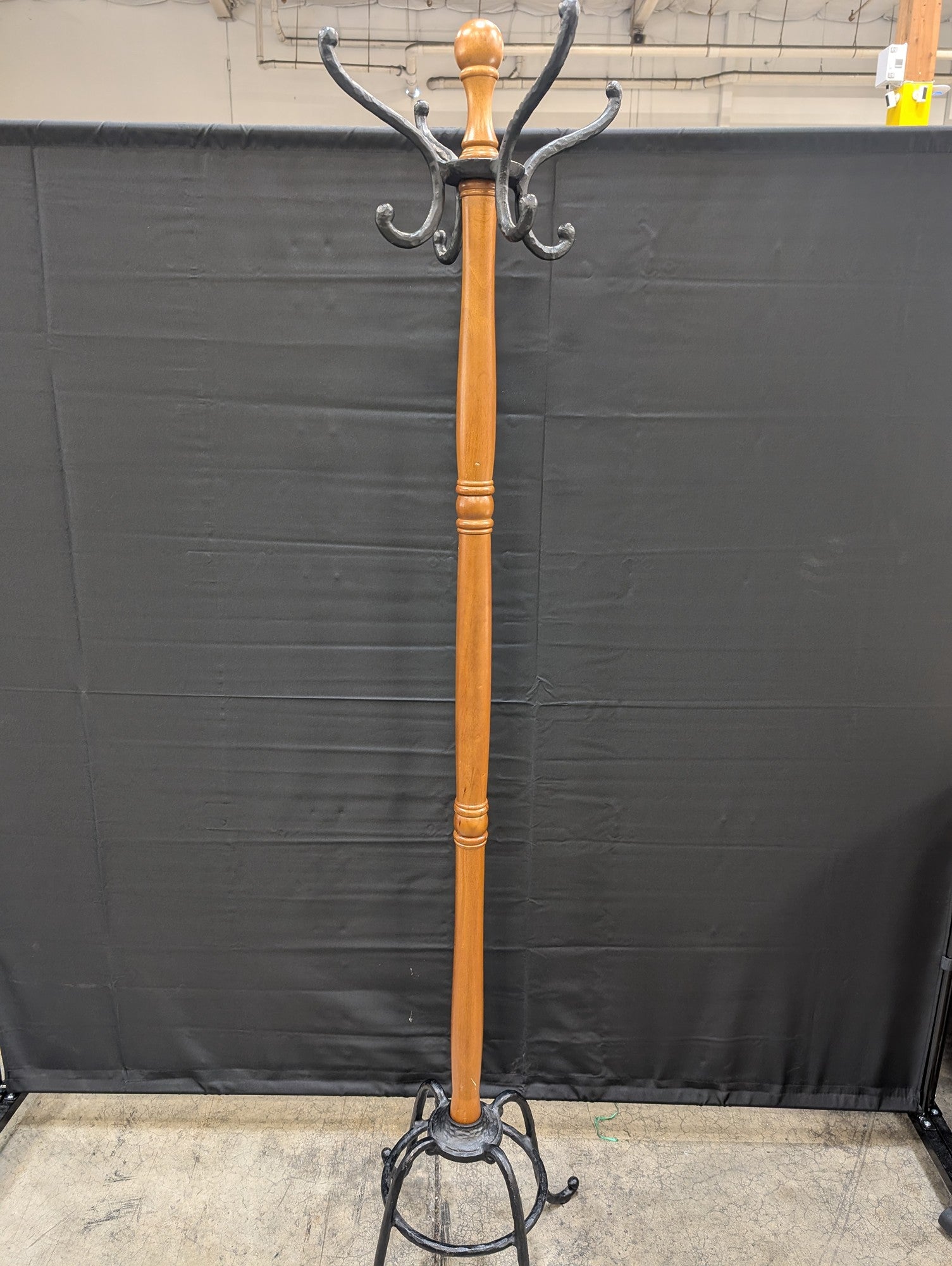 Classic Wooden Coat Stand with Black Cast Iron Hooks