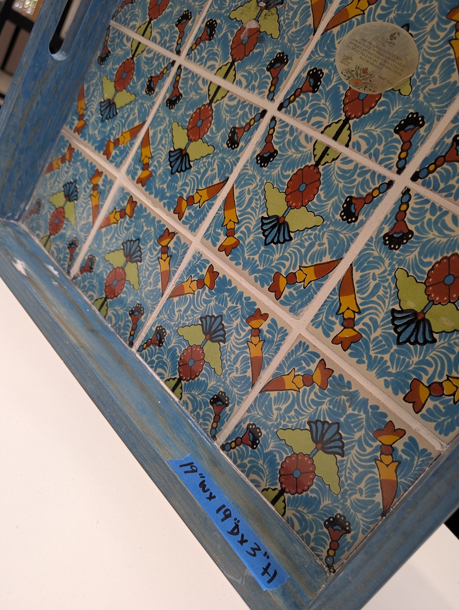 Handcrafted Mexican Ceramic Tile & Wood Serving Tray with Vibrant Floral Motif