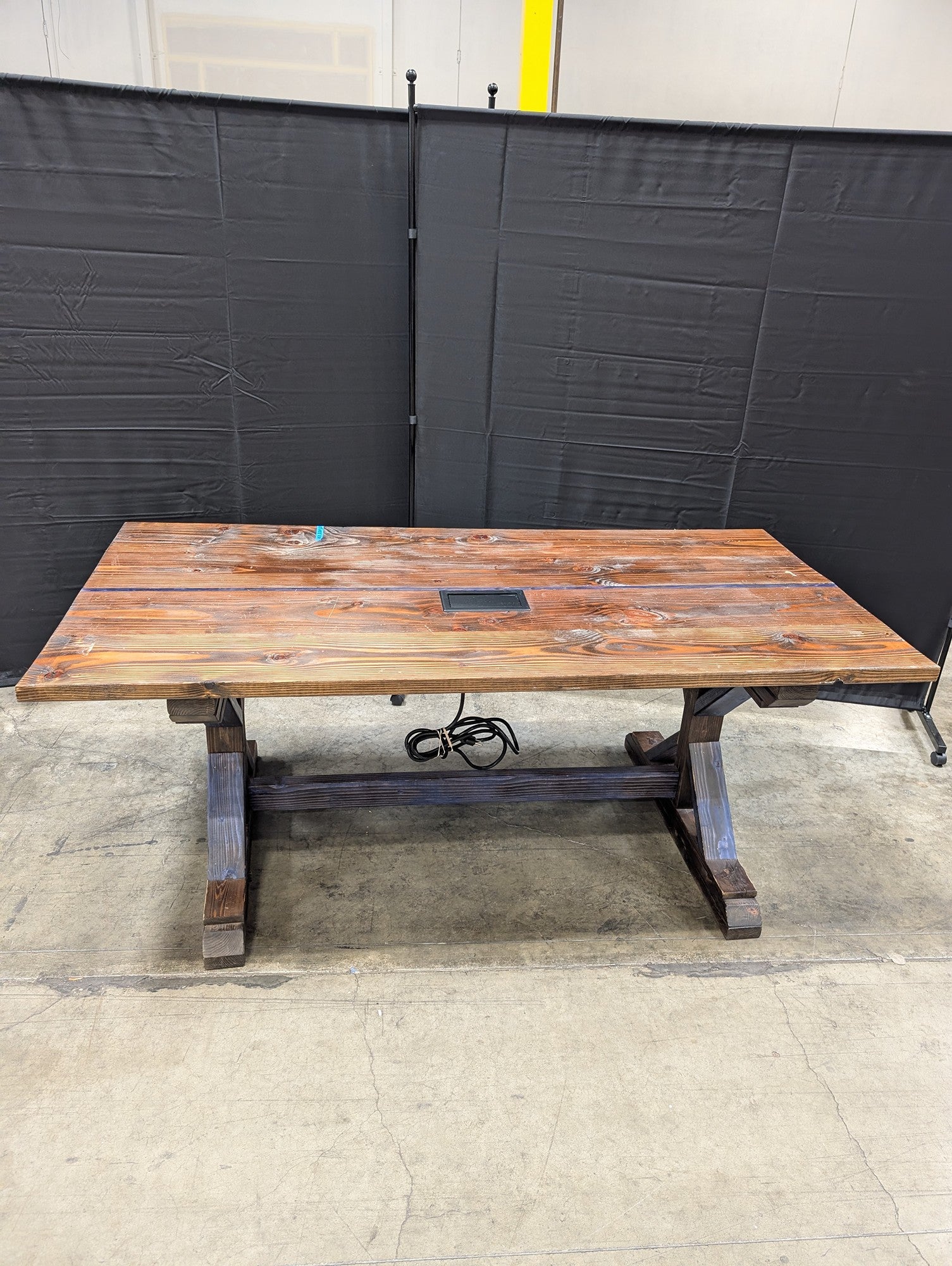 Rustic Solid Wood Trestle Table with Integrated Power Module