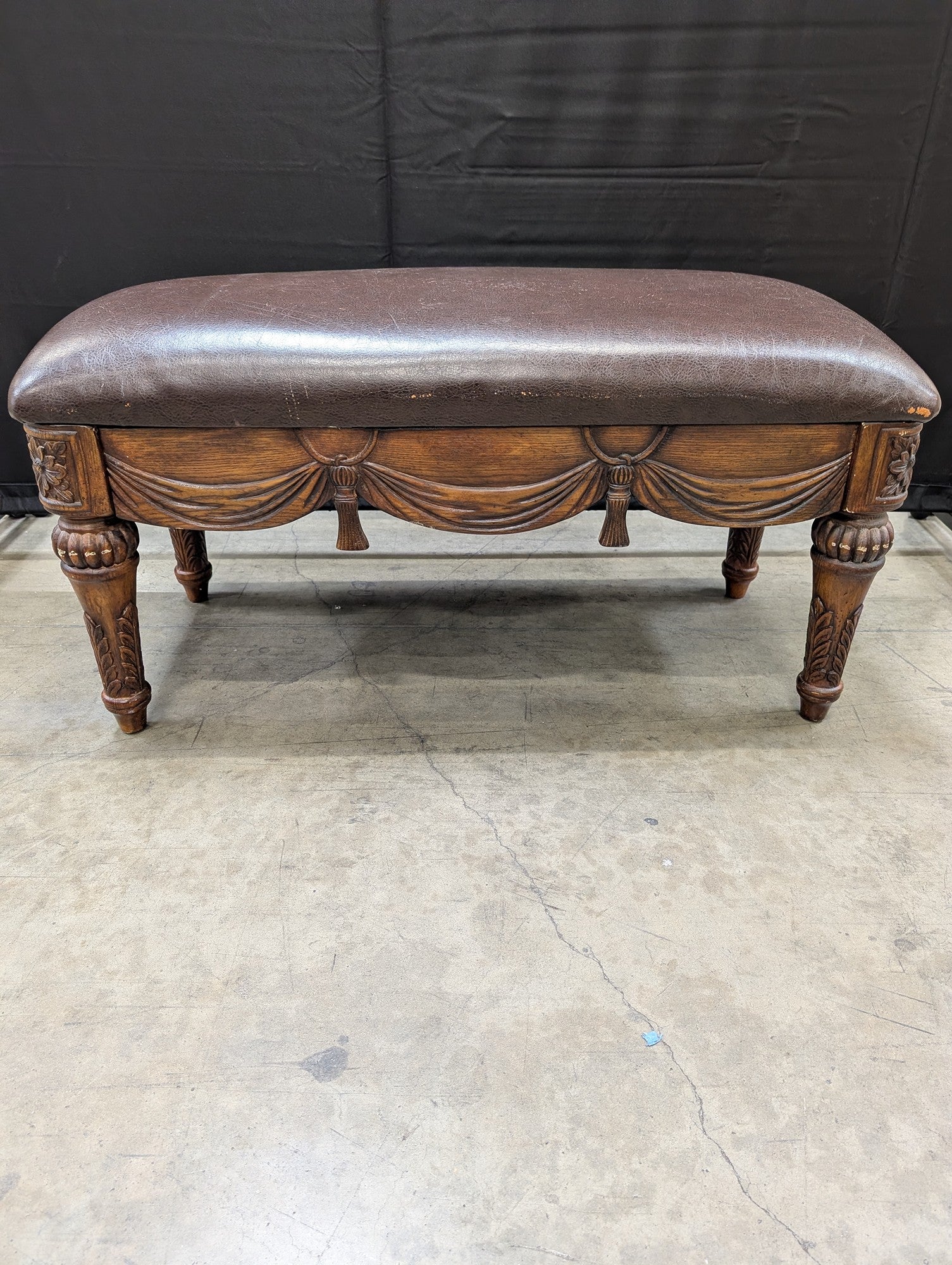 Ornate Carved Wood and Brown Upholstered Bench
