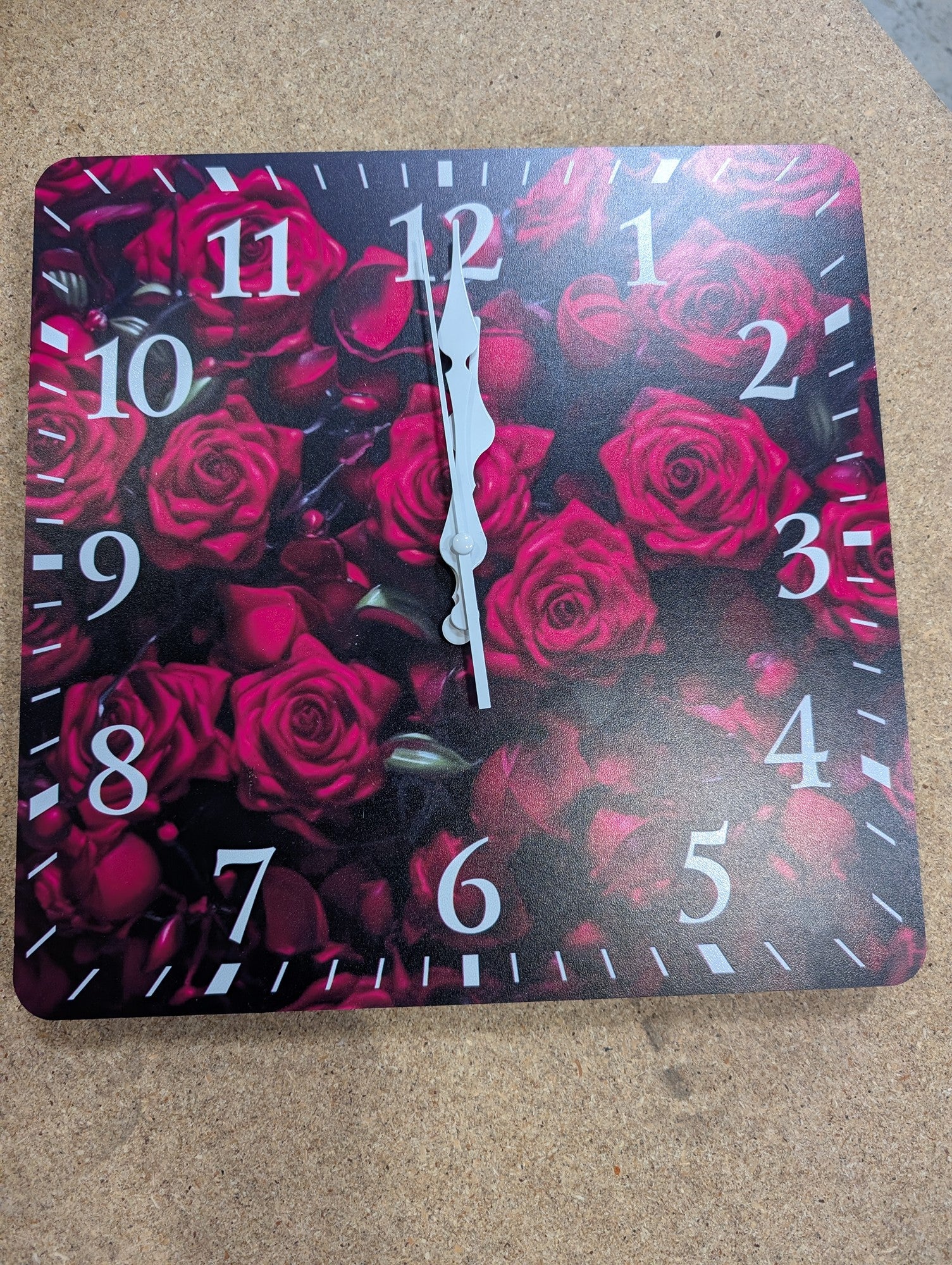 Vibrant Red Rose Floral Wall Clock, Square Home Decor Timepiece